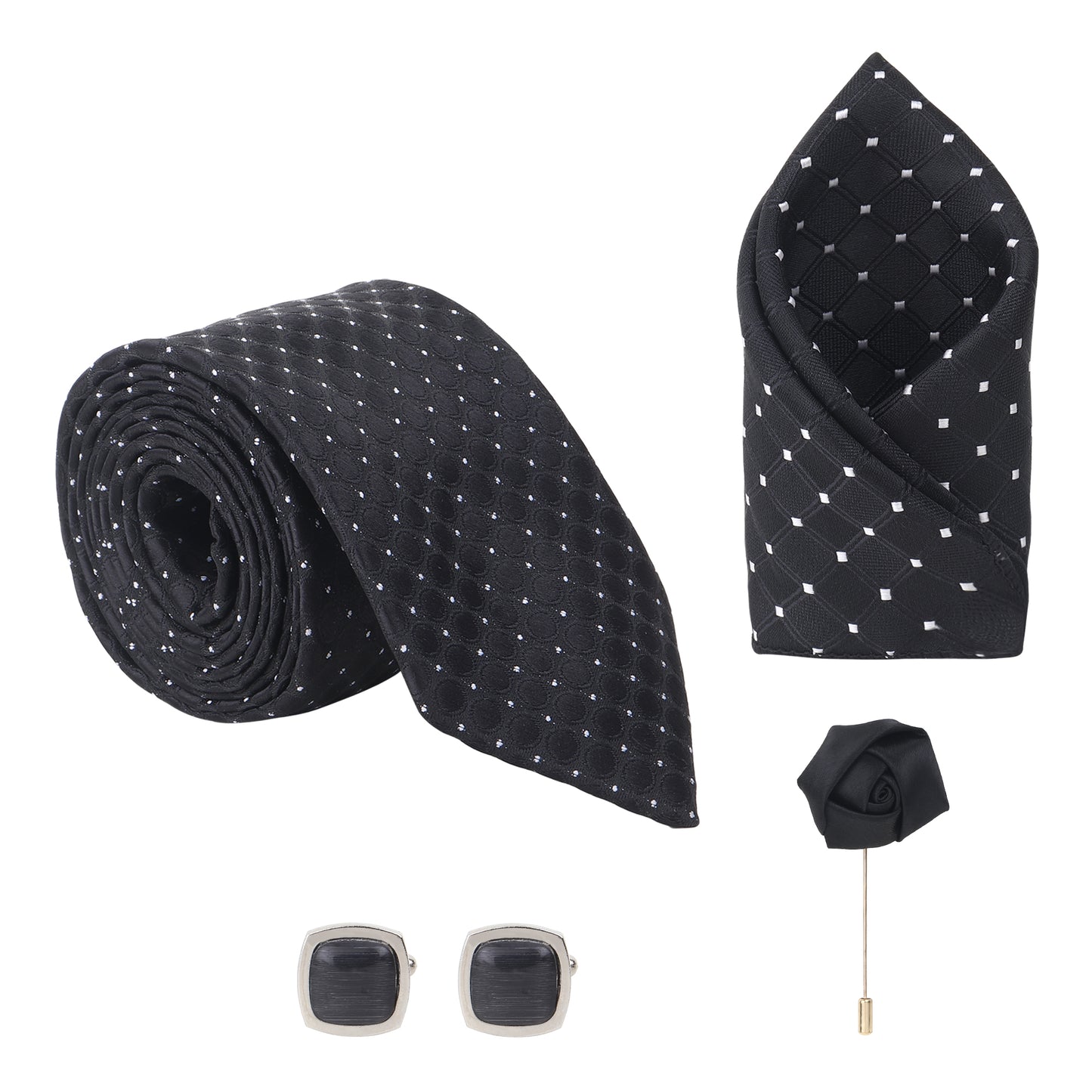 Black tie set by Kanthlangot featuring circle embossing, jet black cufflinks, pocket square and lapel pin. Bold formal gift for timeless styling.