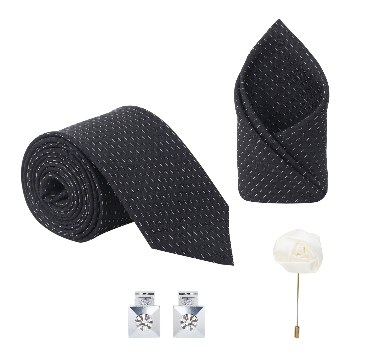 Kanthlangot Black Grid Necktie Set with Pocket Square, Cufflinks & Lapel Pin – Set of 4 in Gift Box