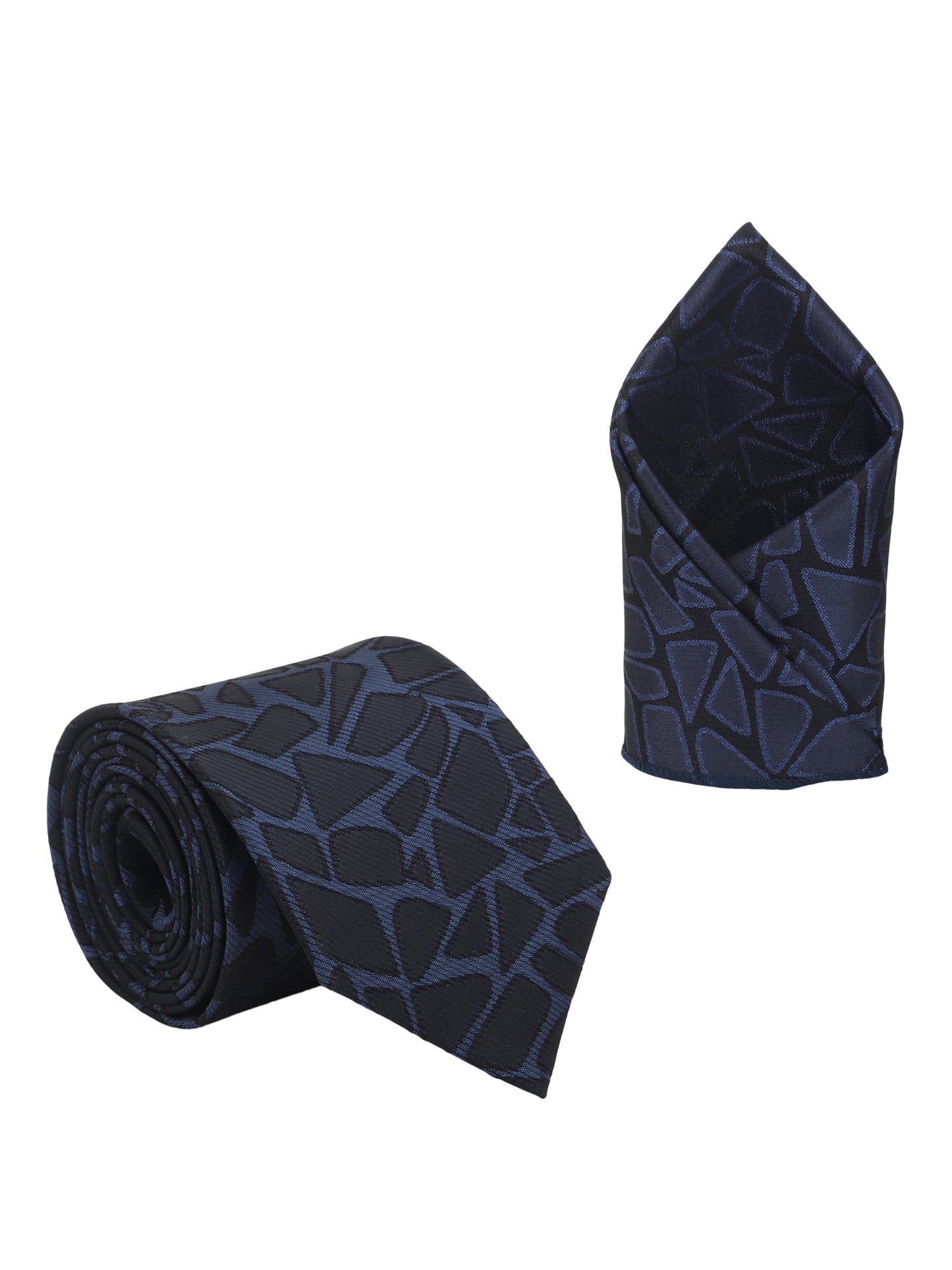 Kanthlangot Navy Geometric Tie Set with Pocket Square, Cufflinks & Royal Blue Lapel Pin