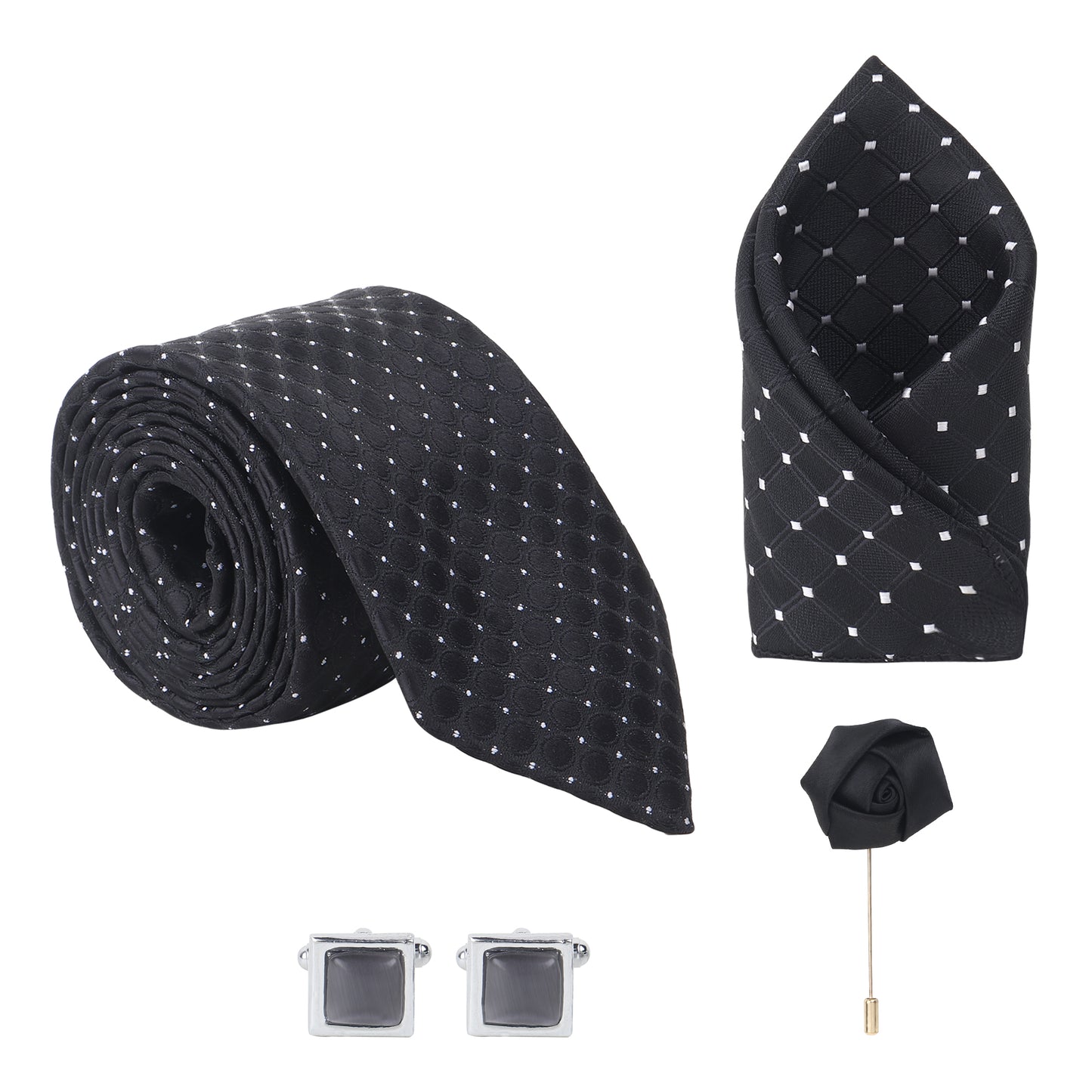Kanthlangot Black Pin-Dot Textured Tie Set with Silver Cufflinks & Lapel Pin – Gift Box Combo