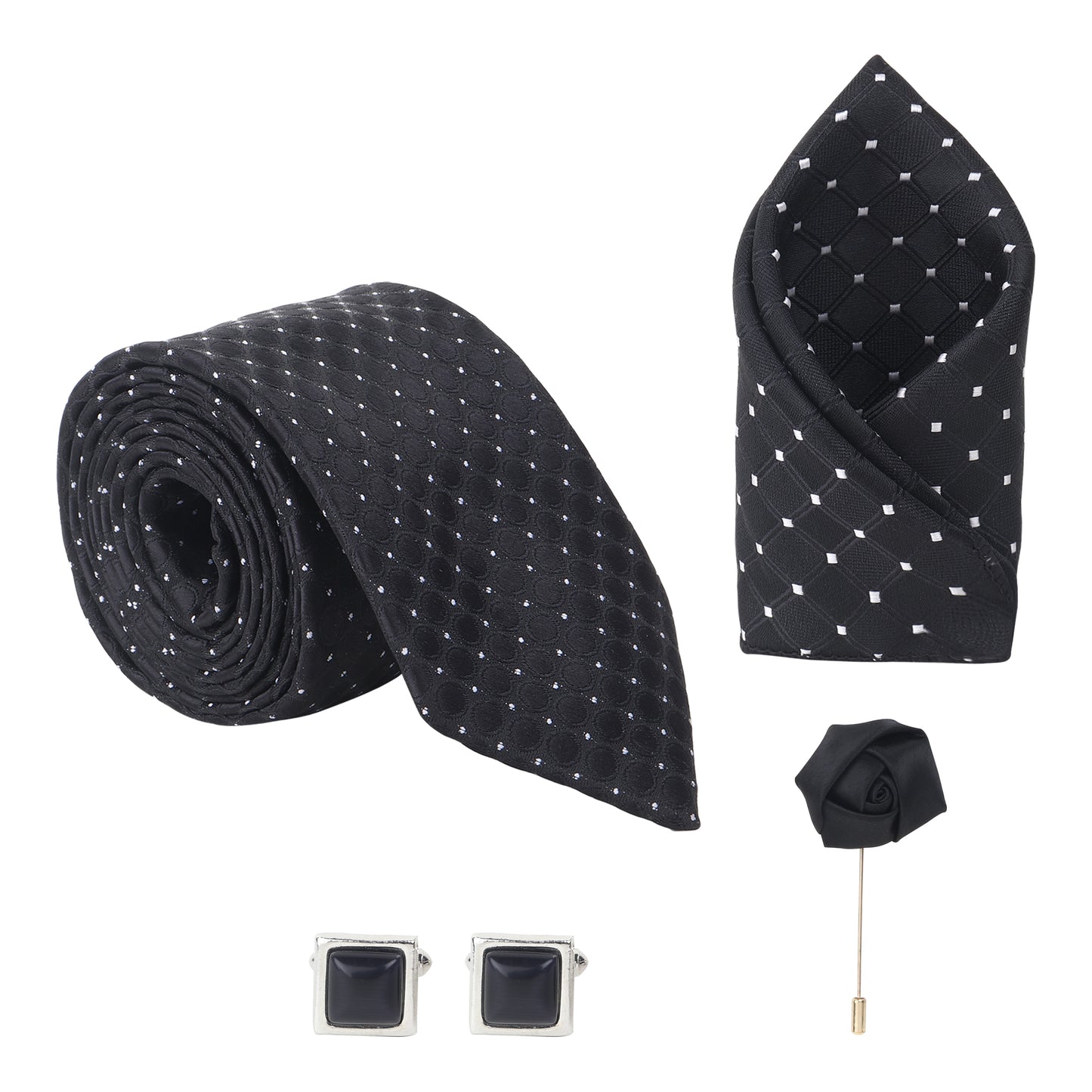 Kanthlangot Black Diamond Dot Tie Set with Rounded Cufflinks, Pocket Square & Lapel Pin