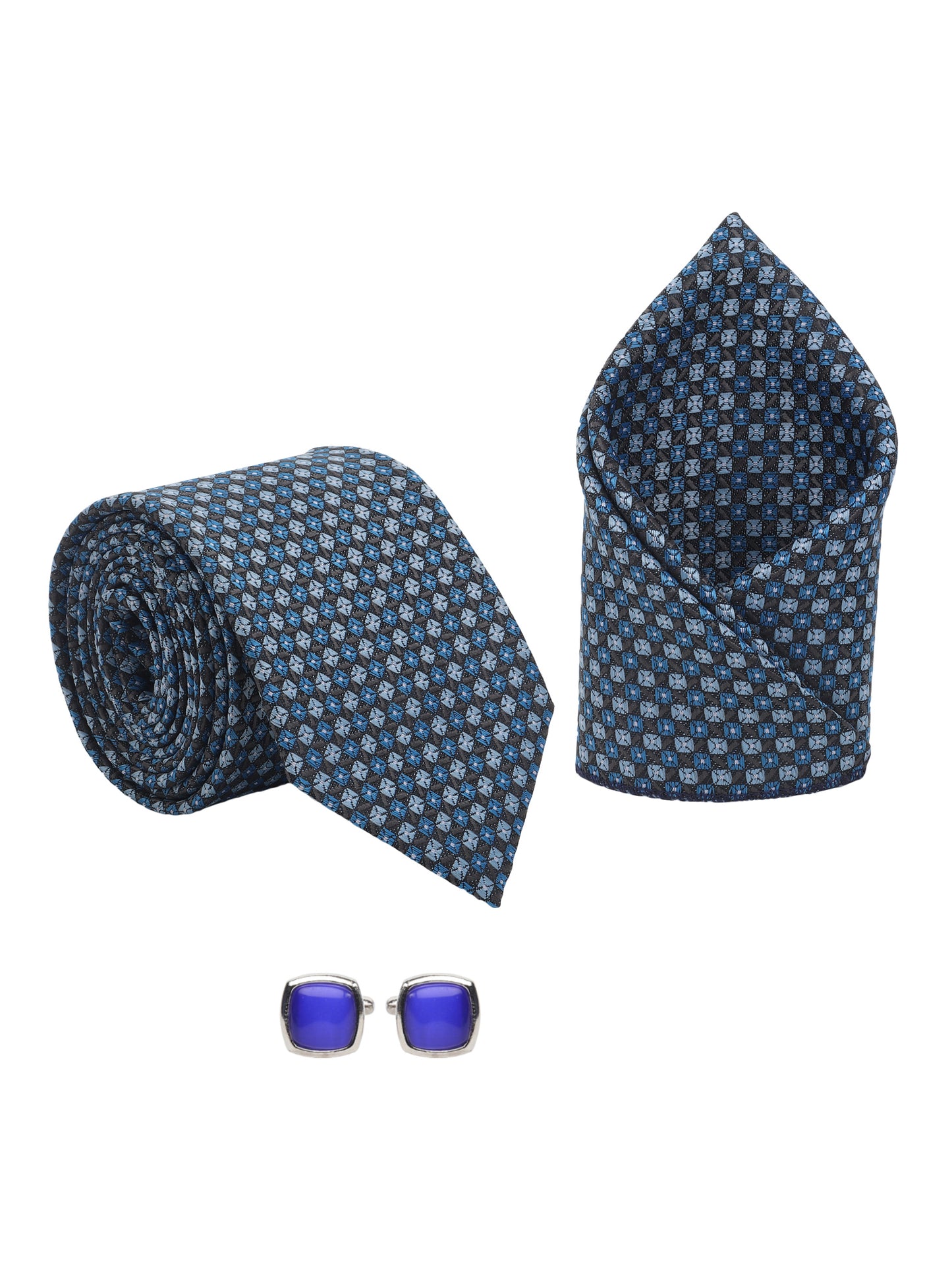 Kanthlangot Men’s 3-Piece Blue Grid Tie Set with Pocket Square & Royal Blue Cufflinks (3-Inch Necktie)