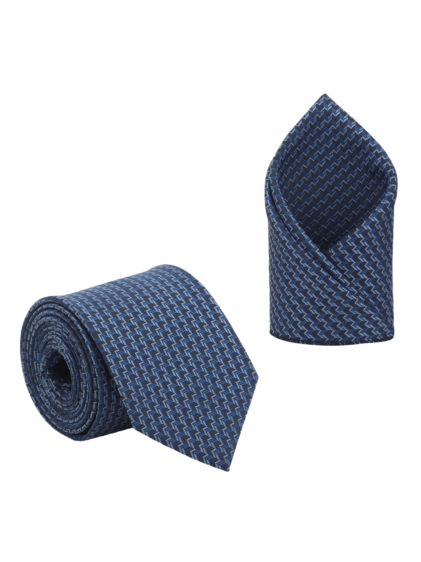 Kanthlangot Zigzag Navy Tie Gift Set with Pocket Square, Square Blue Cufflinks & Lapel Pin