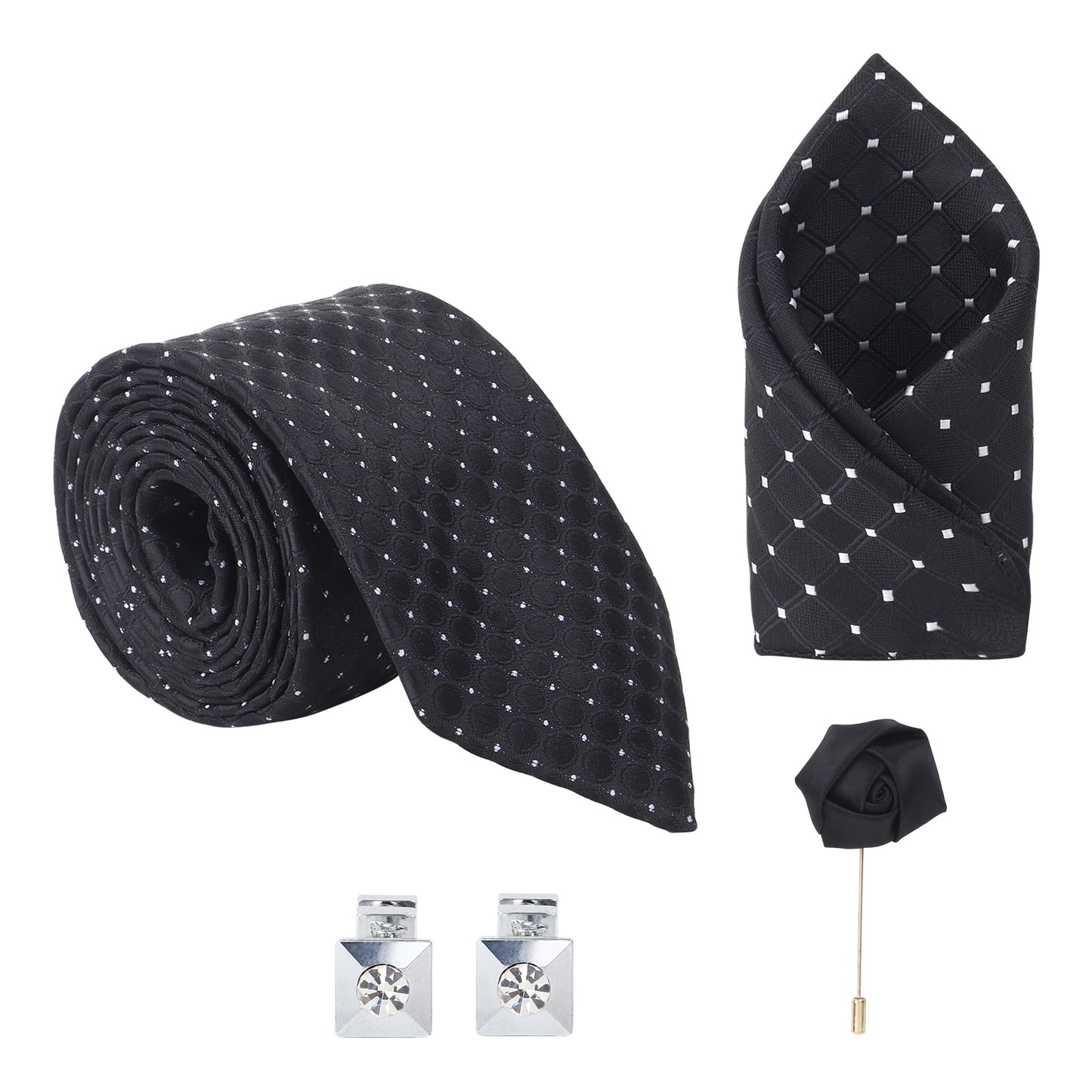 Kanthlangot Black Circle-Texture Tie Set with Silver Cufflinks, Pocket Square & Lapel Pin – Premium Gift Box