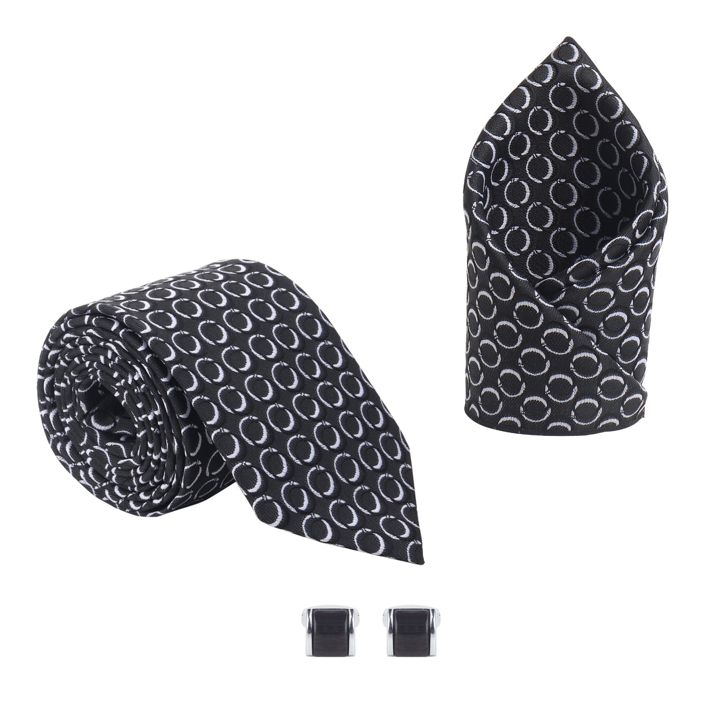 Kanthlangot Men’s 3-Piece Formal Set – Black Circle Tie, Pocket Square & Black-Tone Cufflinks (3-Inch Necktie)