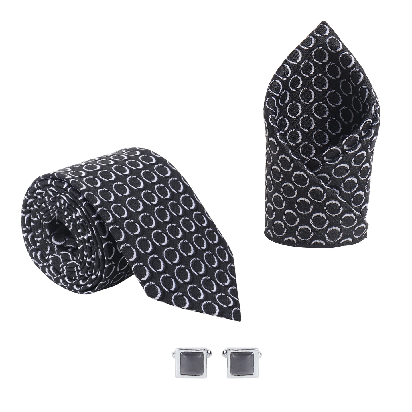 Kanthlangot Men’s 3-Piece Formal Set – Black Circle Tie, Pocket Square & Dark Grey Cufflinks (3-Inch Necktie)