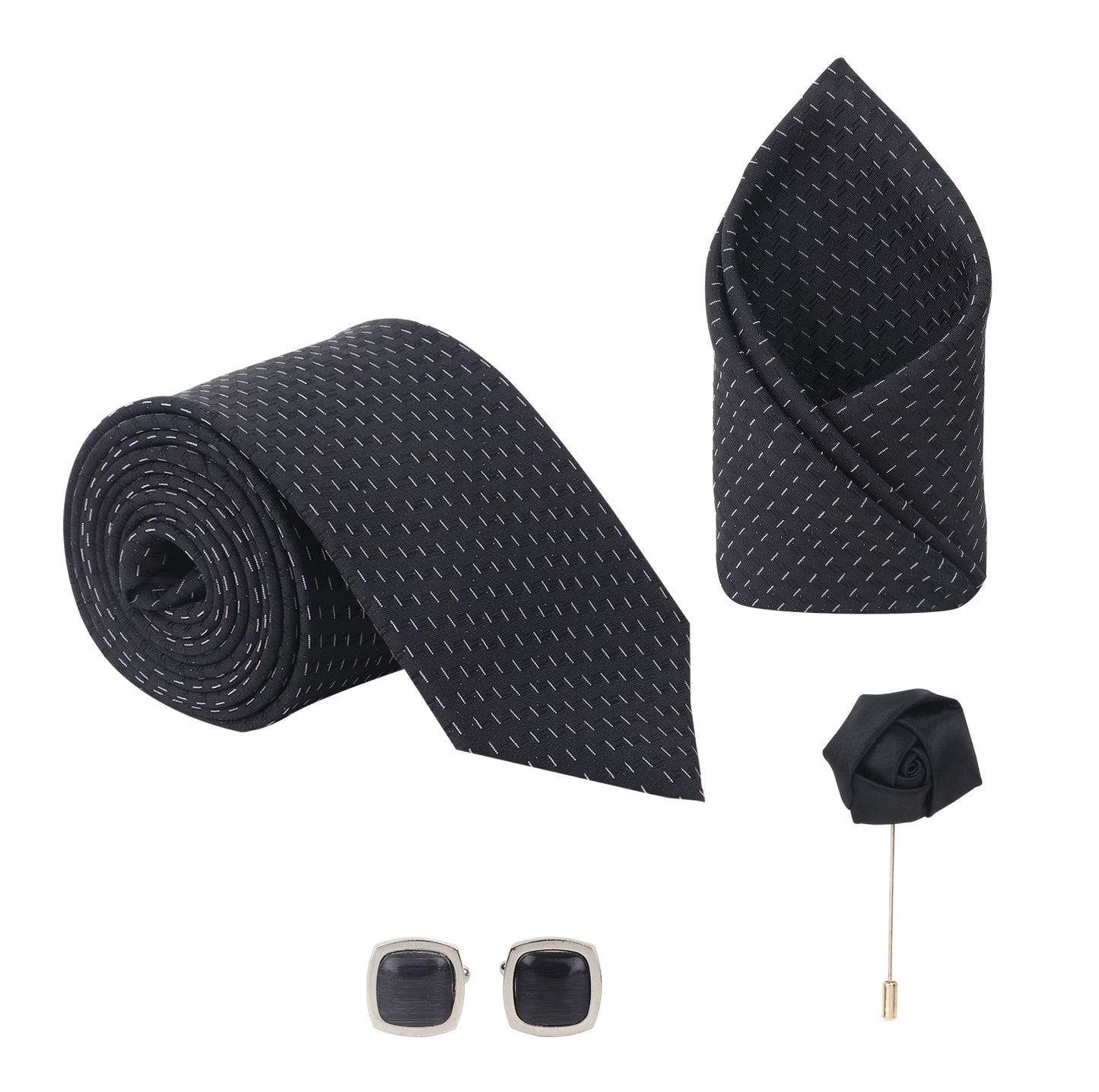 Kanthlangot Black Microdash Tie Set with Pocket Square, Cufflinks & Lapel Pin – Gift Set of 4 for Men