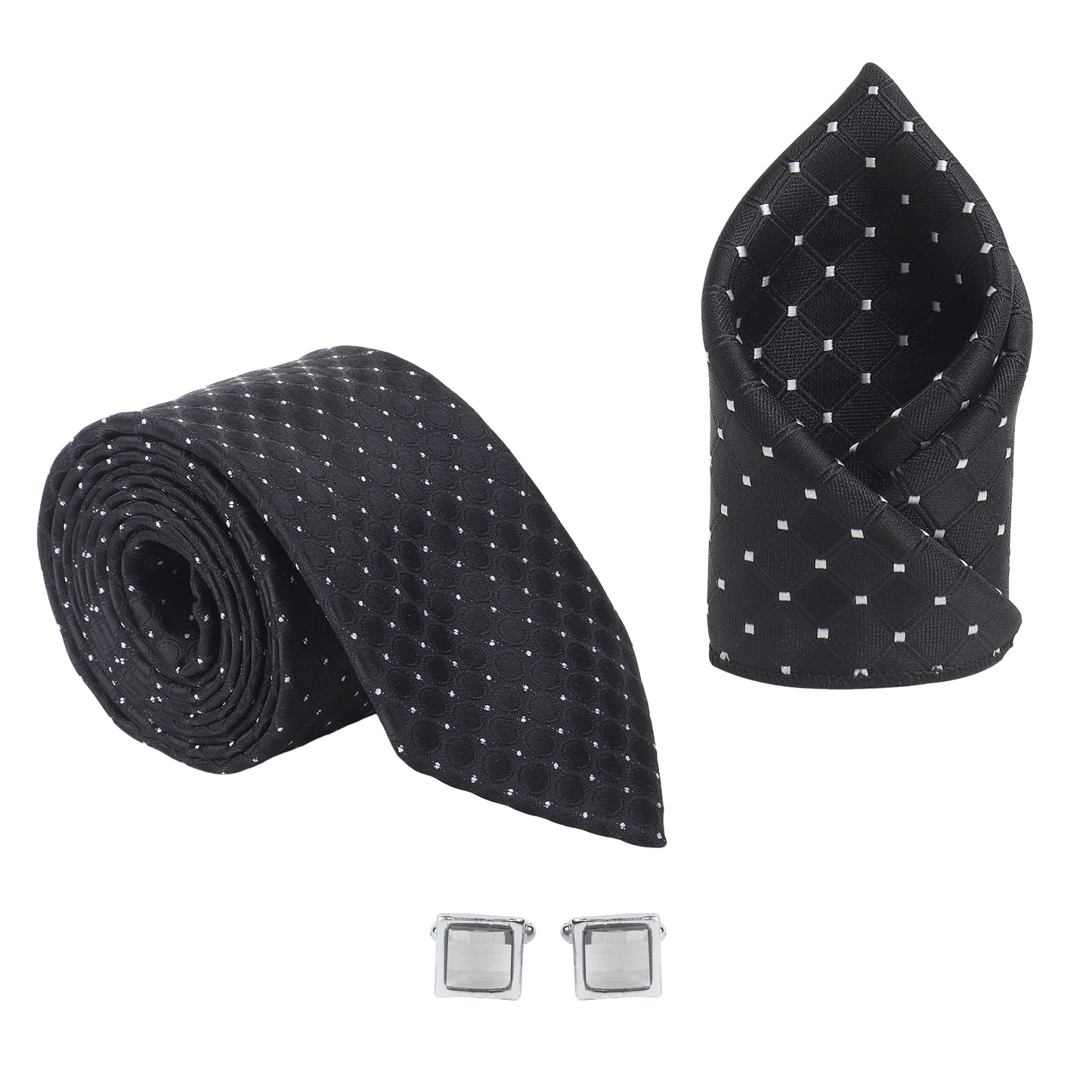 Kanthlangot Men’s 3-Piece Formal Set – Black Dot-Grid Tie, Pocket Square & Square Light Stone Cufflinks (3-Inch Necktie)