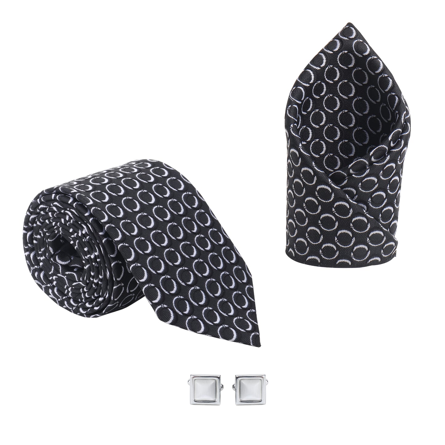 Kanthlangot Black & White Necktie Set for Men | 3-Inch Wide Tie with Pocket Square & Cufflinks | Premium Microfiber Formal Gift Set