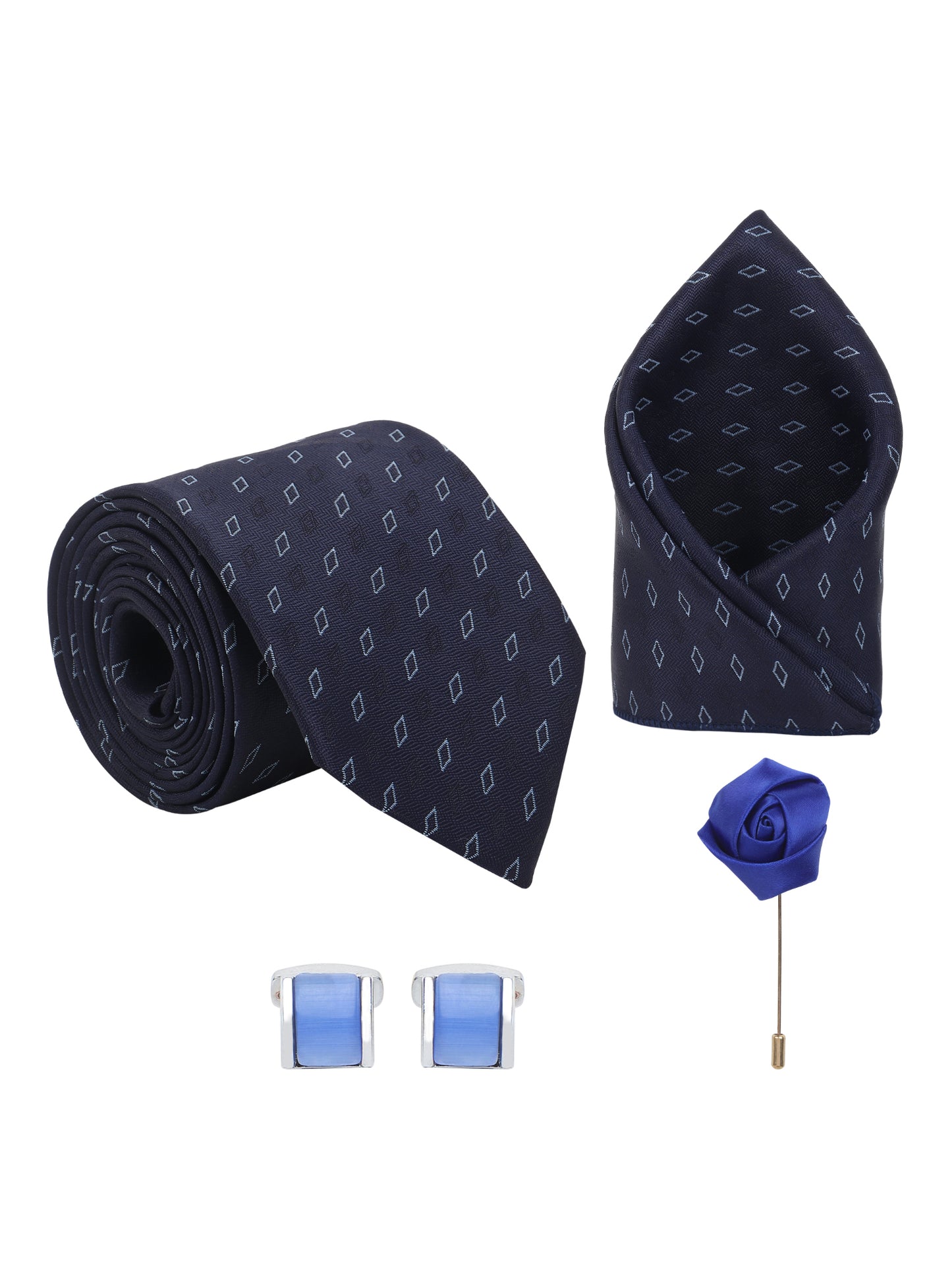Kanthlangot Navy Diamond Motif Necktie Set with Pocket Square, Cufflinks & Lapel Pin