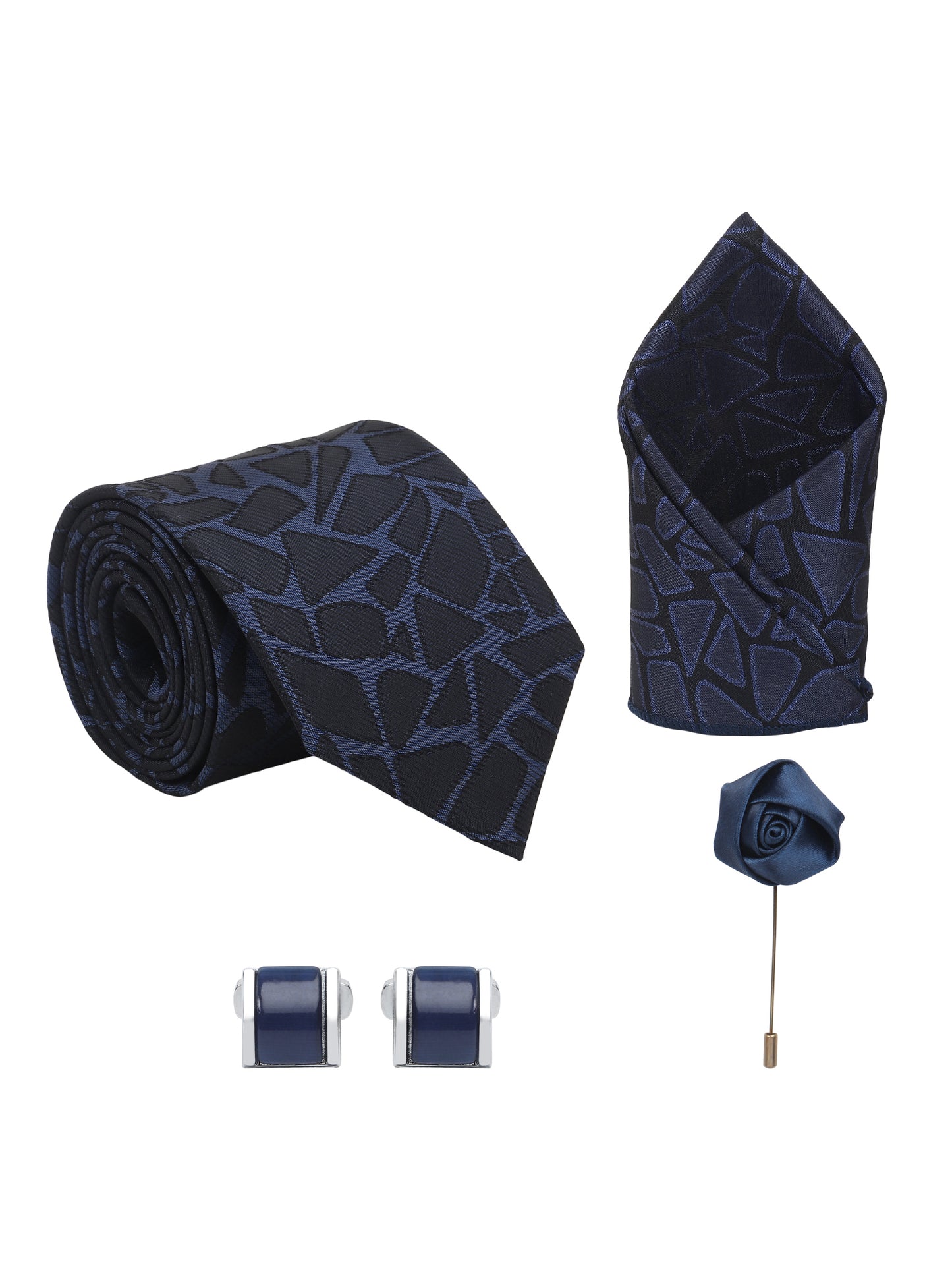 Kanthlangot Navy Blue Abstract Tie Gift Set with Pocket Square, Cufflinks & Lapel Pin