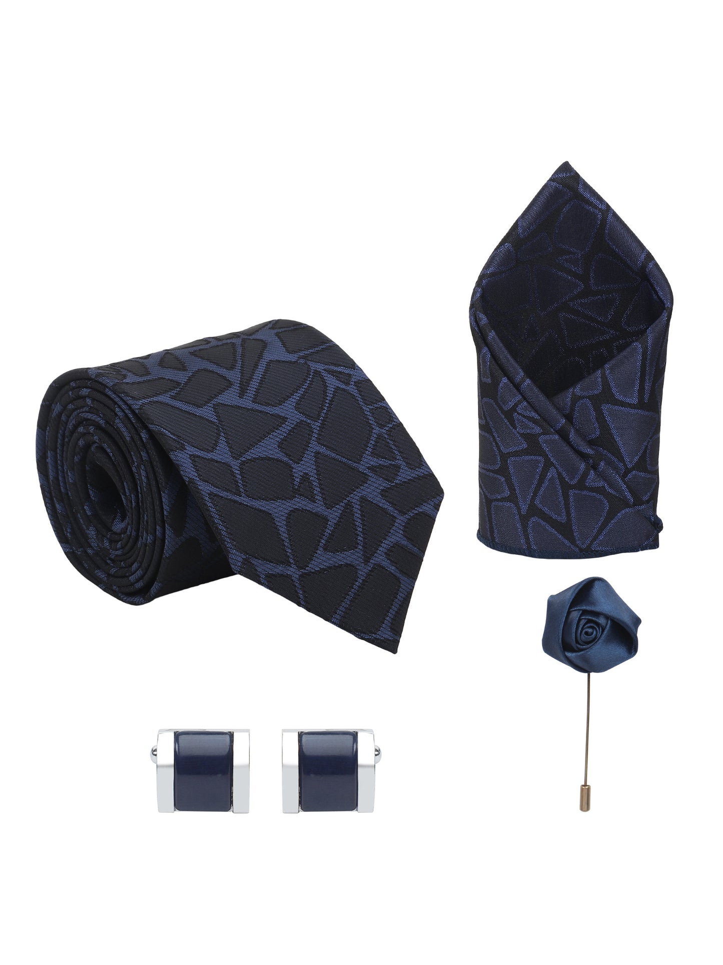 Kanthlangot Men’s Set of 4: Navy Blue Abstract Tie, Pocket Square, Cufflinks & Lapel Pin (Premium Gift Box)