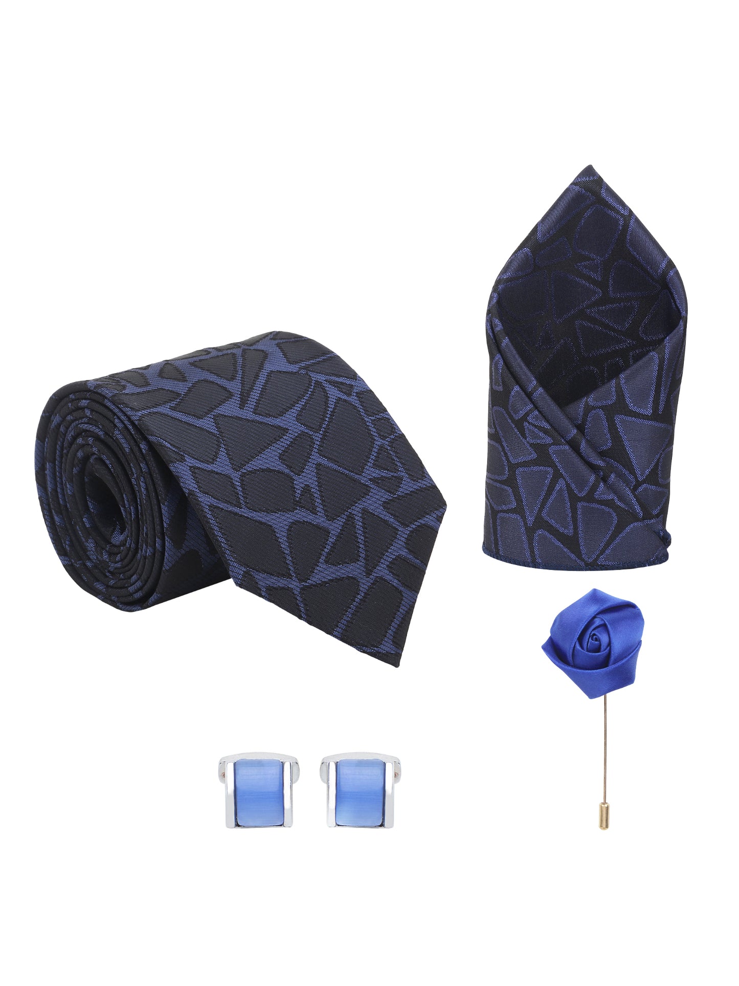 Kanthlangot Navy Geometric Tie Set with Pocket Square, Cufflinks & Royal Blue Lapel Pin