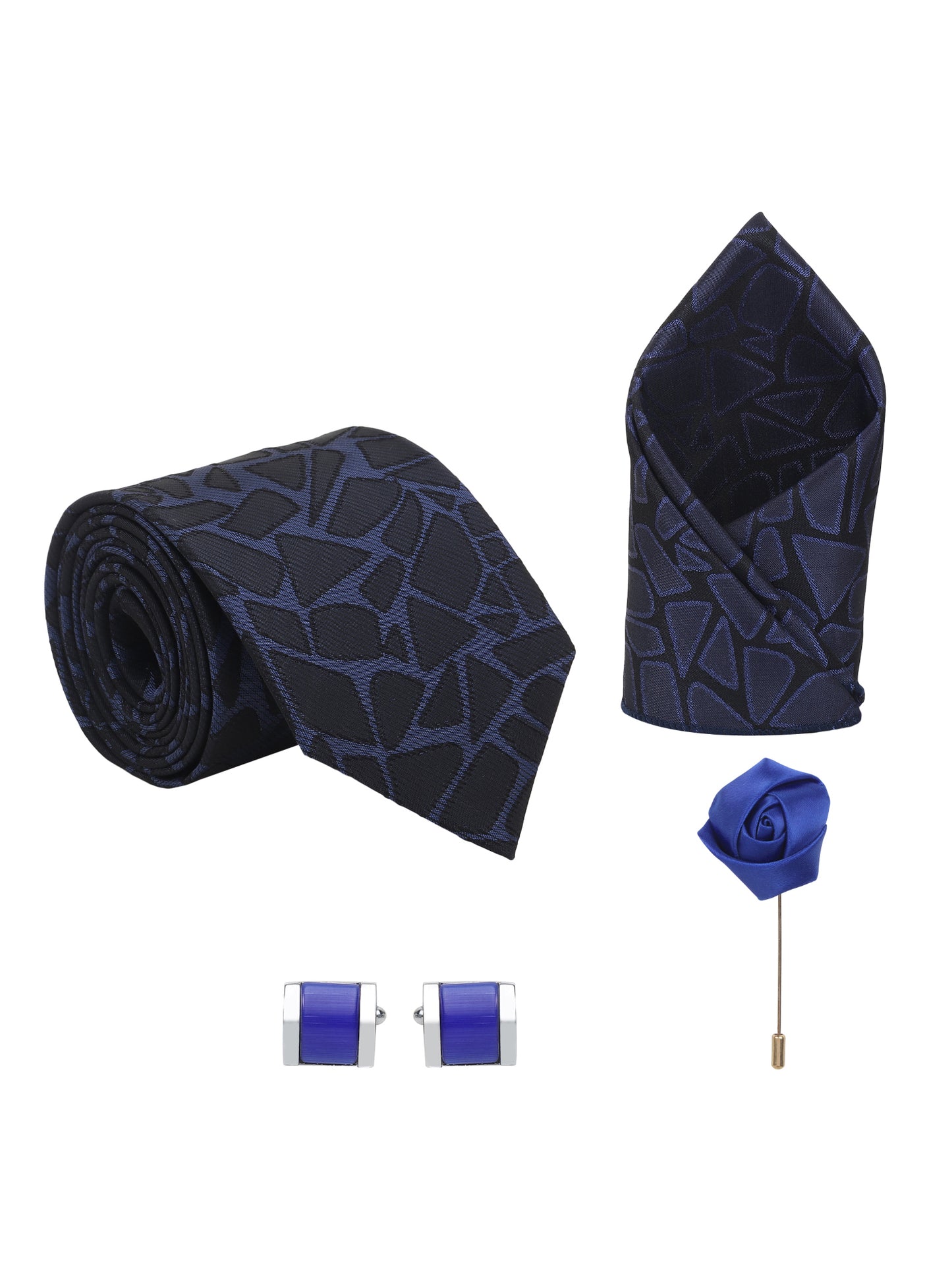 Kanthlangot Royal Blue Mosaic Tie Set with Pocket Square, Blue Cufflinks & Lapel Pin
