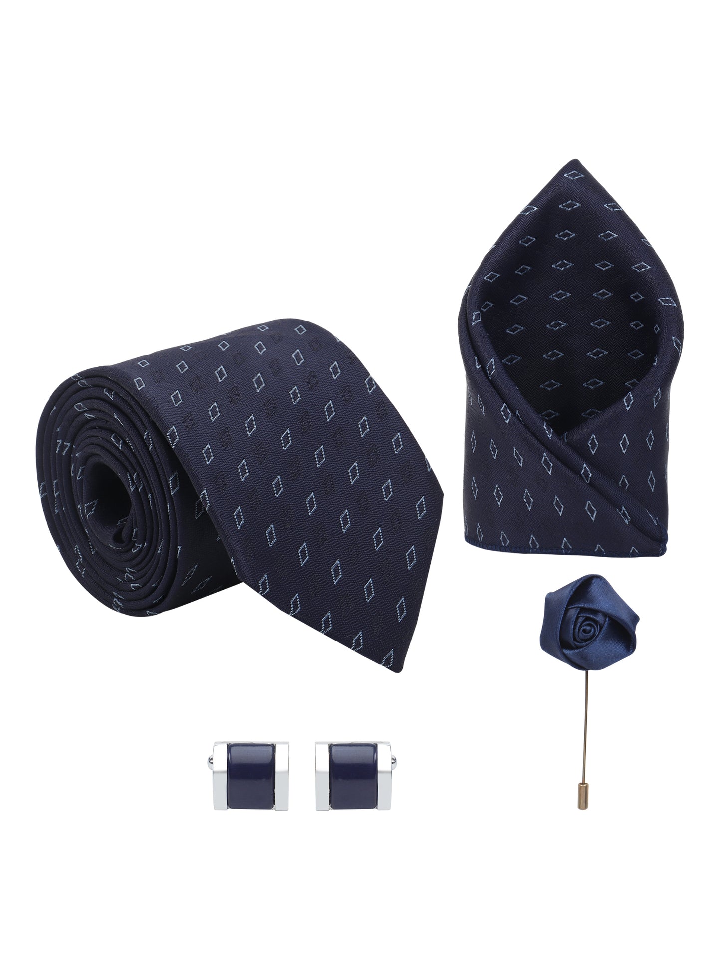 Kanthlangot Navy Diamond Necktie Gift Set with Pocket Square, Cufflinks & Lapel Pin