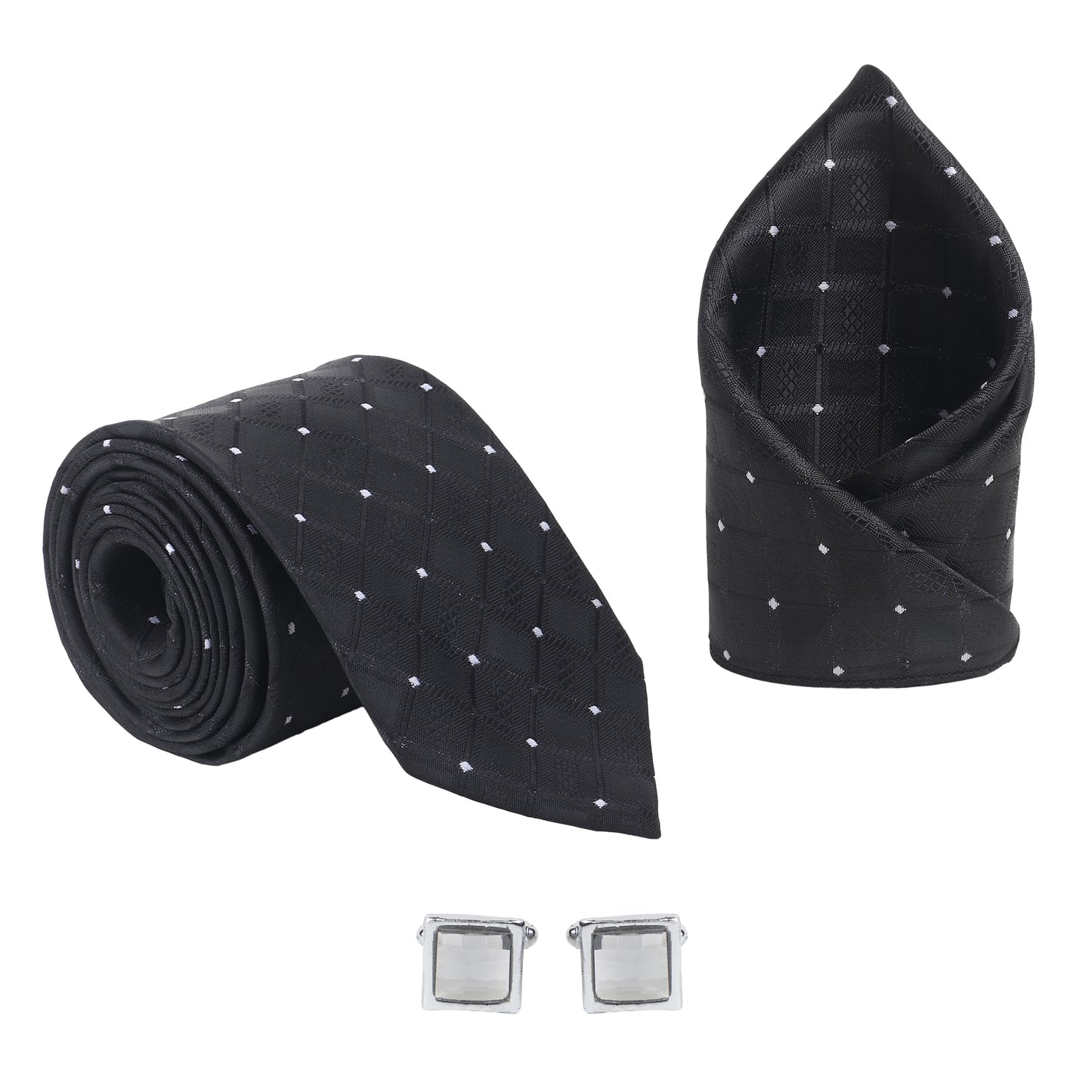 Kanthlangot Men’s 3-Piece Formal Set – Black Diamond Tie, Pocket Square & Light Stone Cufflinks (3-Inch Necktie)