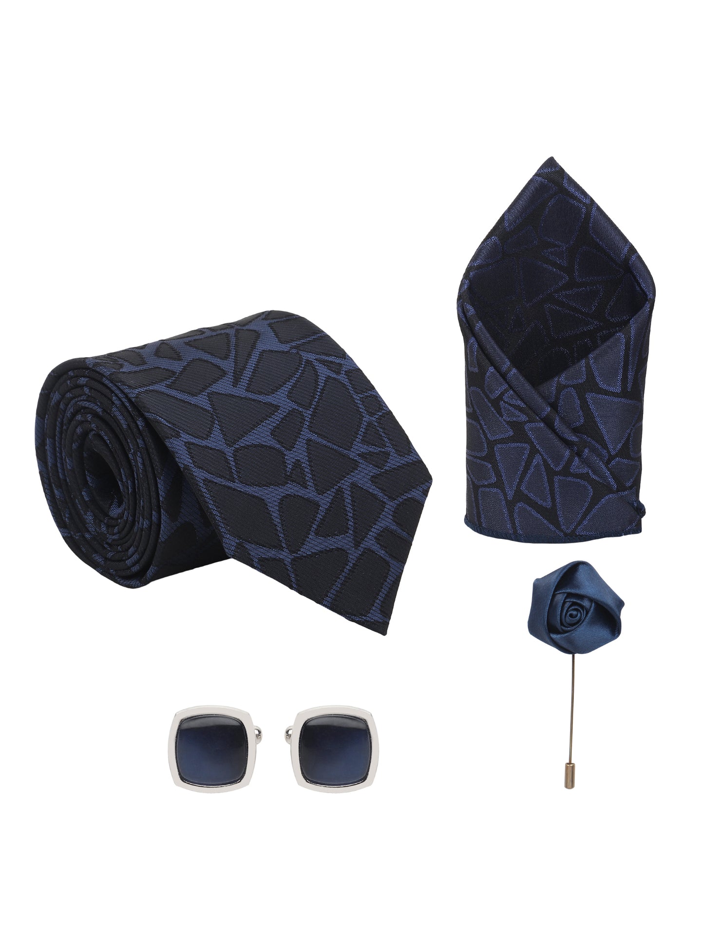 Kanthlangot Navy Blue Geometric Tie Gift Set with Pocket Square, Cufflinks & Lapel Pin