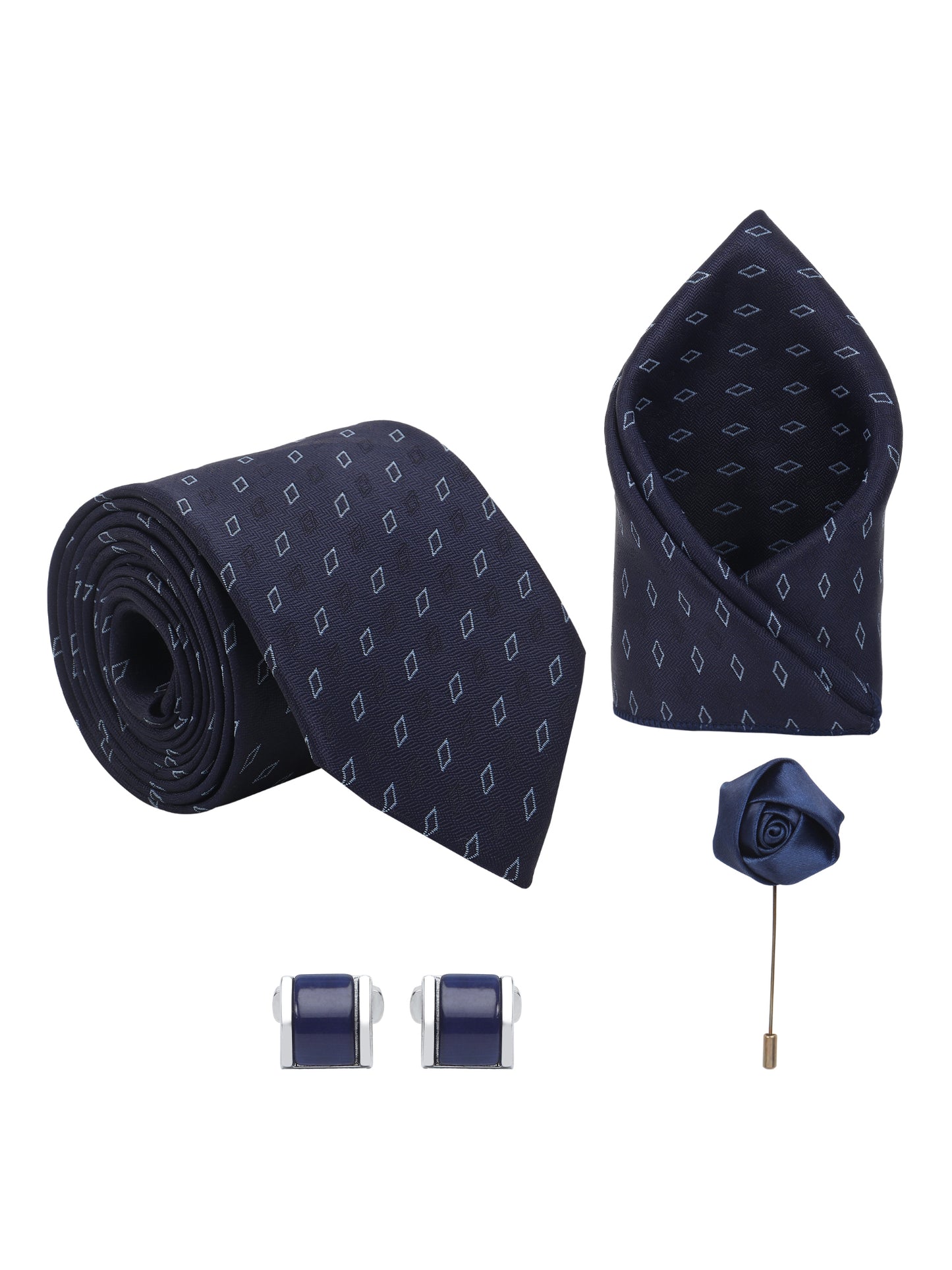 Kanthlangot Navy Blue Tie Gift Set with Pocket Square, Cufflinks & Lapel Pin