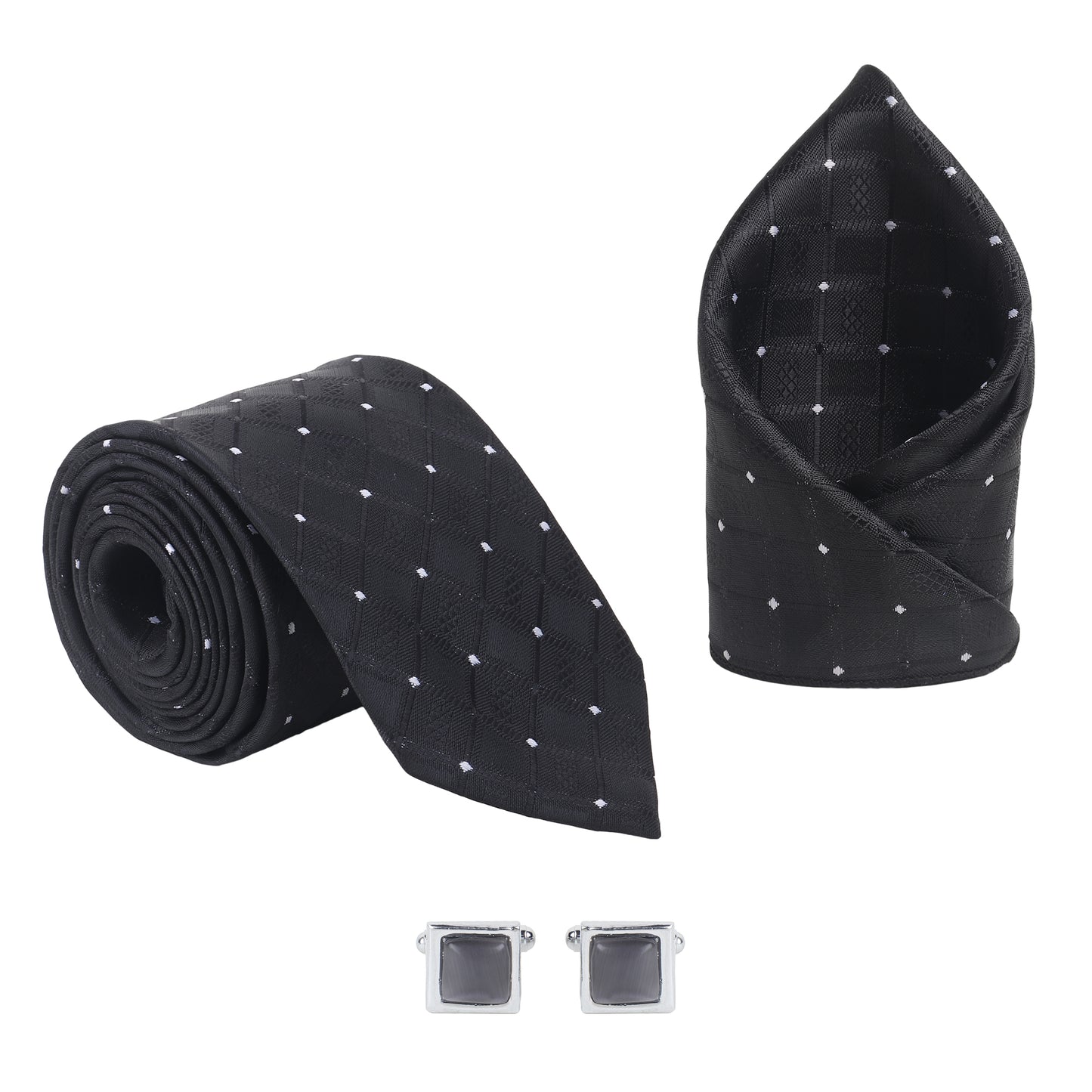 Kanthlangot black diamond pattern tie set with pocket square & rectangular black cufflinks. Elegant, detailed, and made for standout formals.