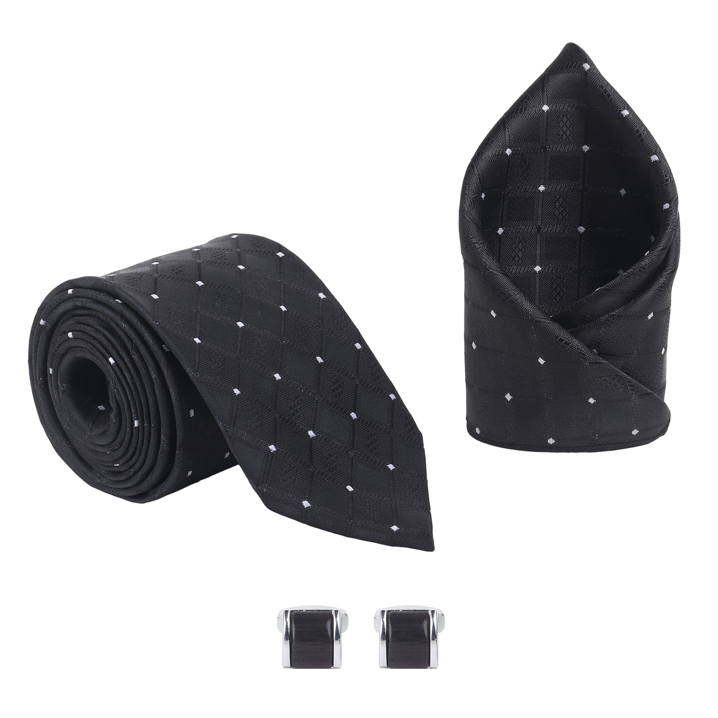 Kanthlangot Men’s 3-Piece Formal Set – Black Diamond Pattern Tie, Pocket Square & Rectangular Black Cufflinks (3-Inch Necktie)