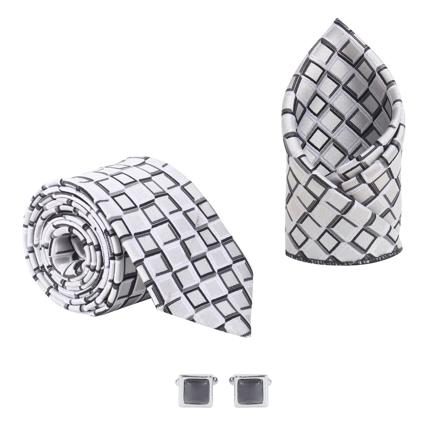 Kanthlangot Men’s 3-Piece Formal Set – Geometric Square Tie, Pocket Square & Black Stone Cufflinks (3-Inch Necktie)