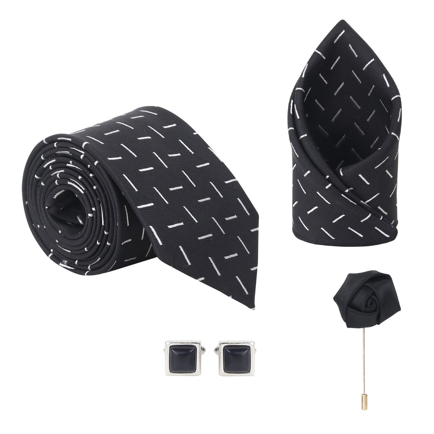 Kanthlangot Black & White Vertical Stripe Tie Set with Pocket Square, Cufflinks & Lapel Pin – Premium 4-in-1 Gift Box