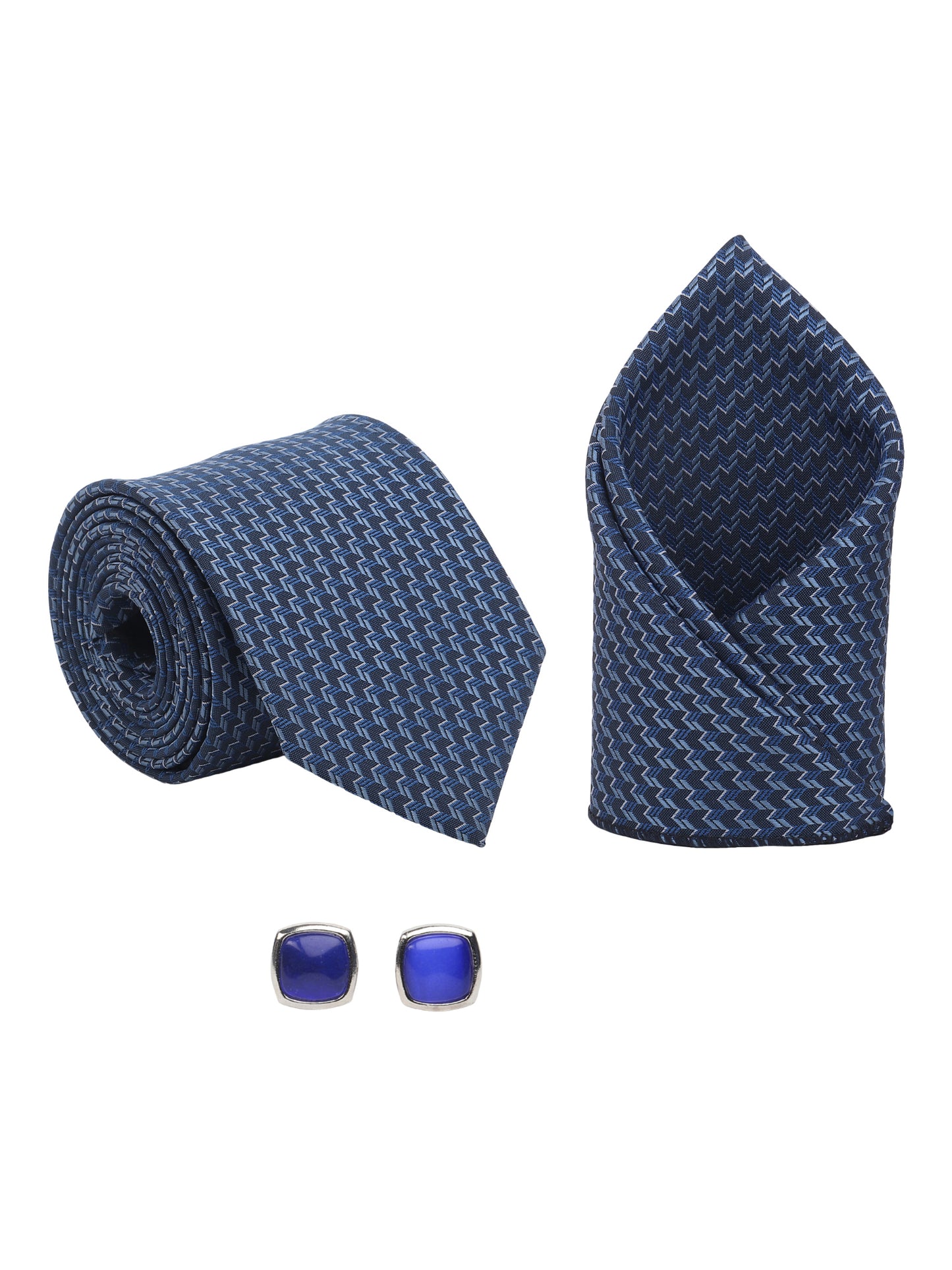 Kanthlangot Men’s 3-Piece Navy Chevron Tie Set with Pocket Square & Royal Blue Cushion Cufflinks (3-Inch Necktie)