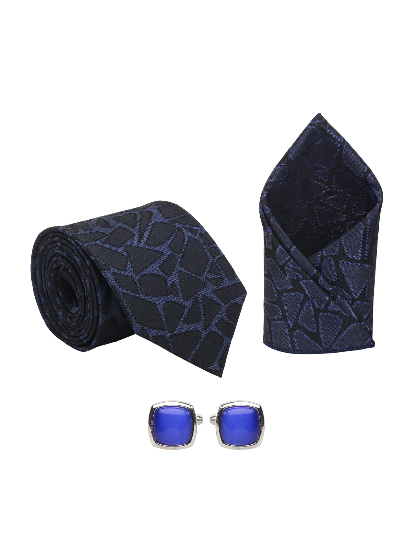 Kanthlangot Men’s 3-Piece Formal Set – Navy Abstract Tie, Pocket Square & Cobalt Blue Cufflinks (3-Inch Necktie)