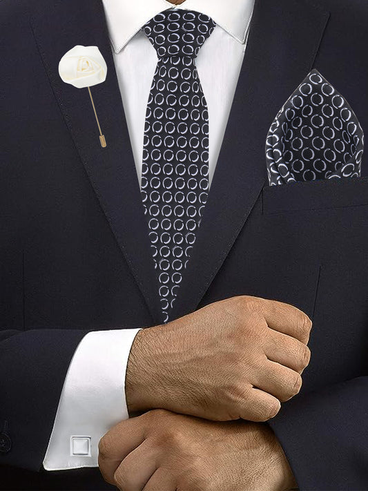 Kanthlangot Set of 4: Black Tie with White Circle Pattern, Pocket Square, Silver Cufflinks & White Lapel Pin