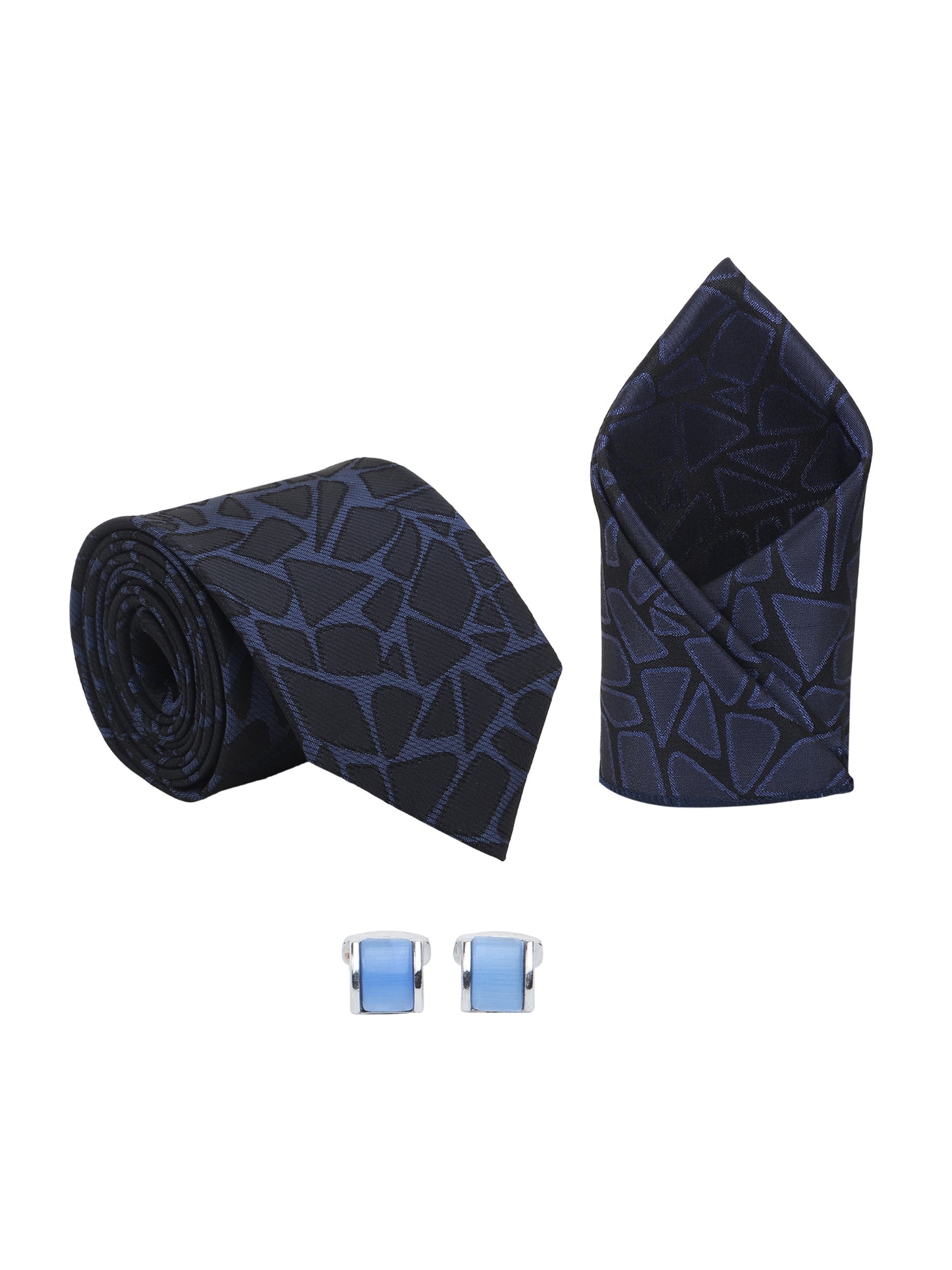Kanthlangot maze-texture tie set with pocket square & crystal pyramid cufflinks. Sharp, structured set for standout formal style.
