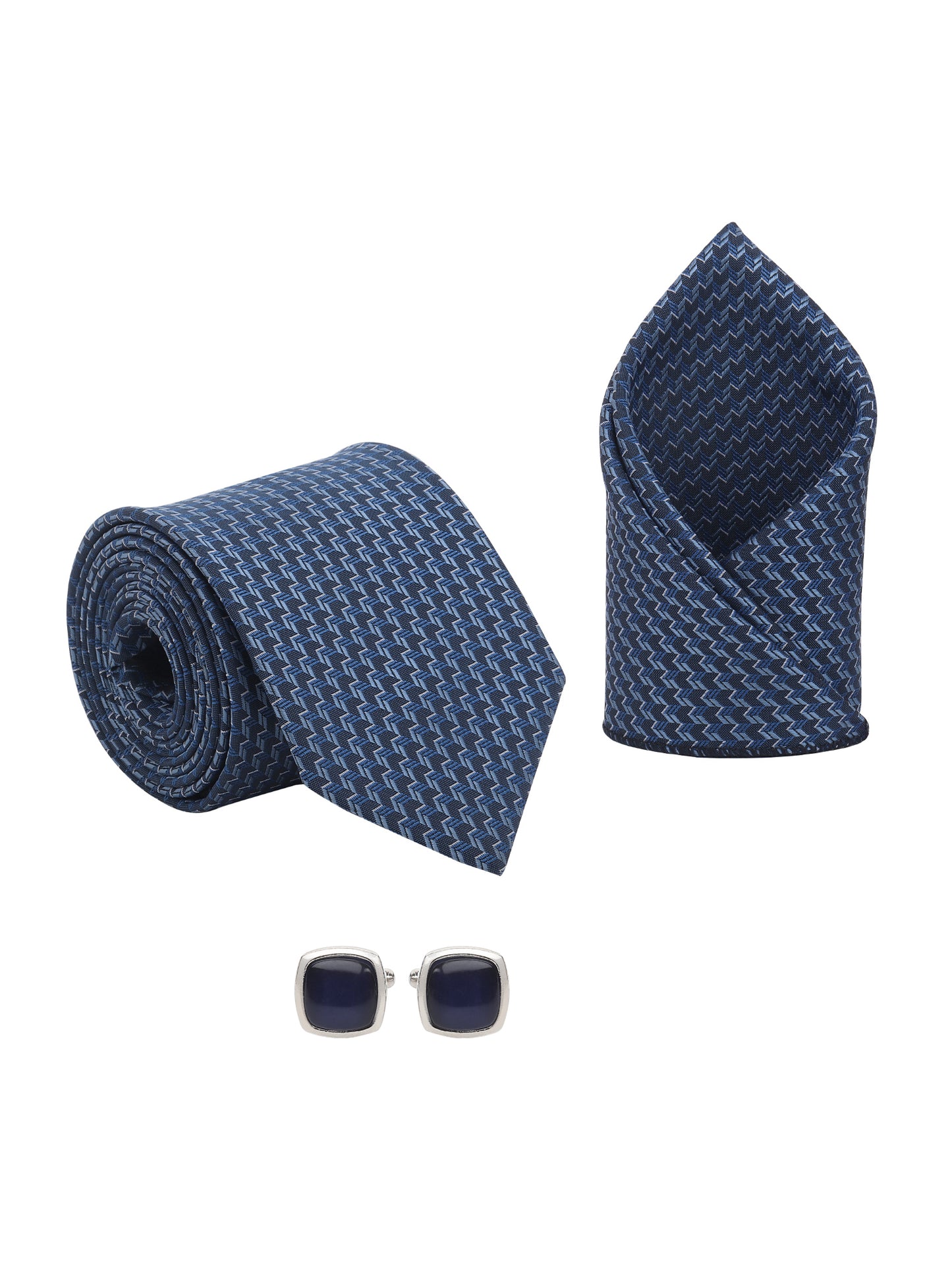 Kanthlangot Men’s 3-Piece Blue Zigzag Tie Set with Pocket Square & Navy Blue Square Cufflinks (3-Inch Necktie)