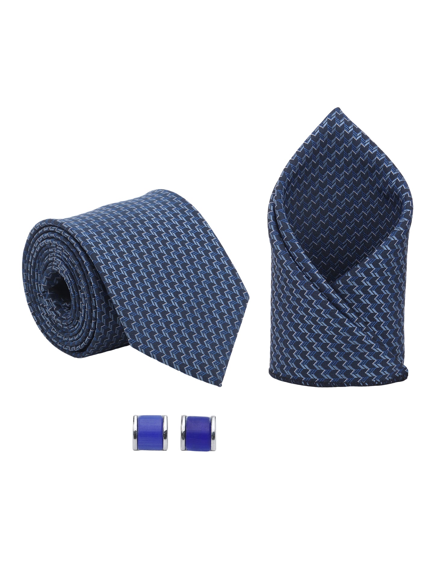Kanthlangot Men’s 3-Piece Navy Zigzag Tie Set with Pocket Square & Royal Blue Barrel Cufflinks (3-Inch Necktie)