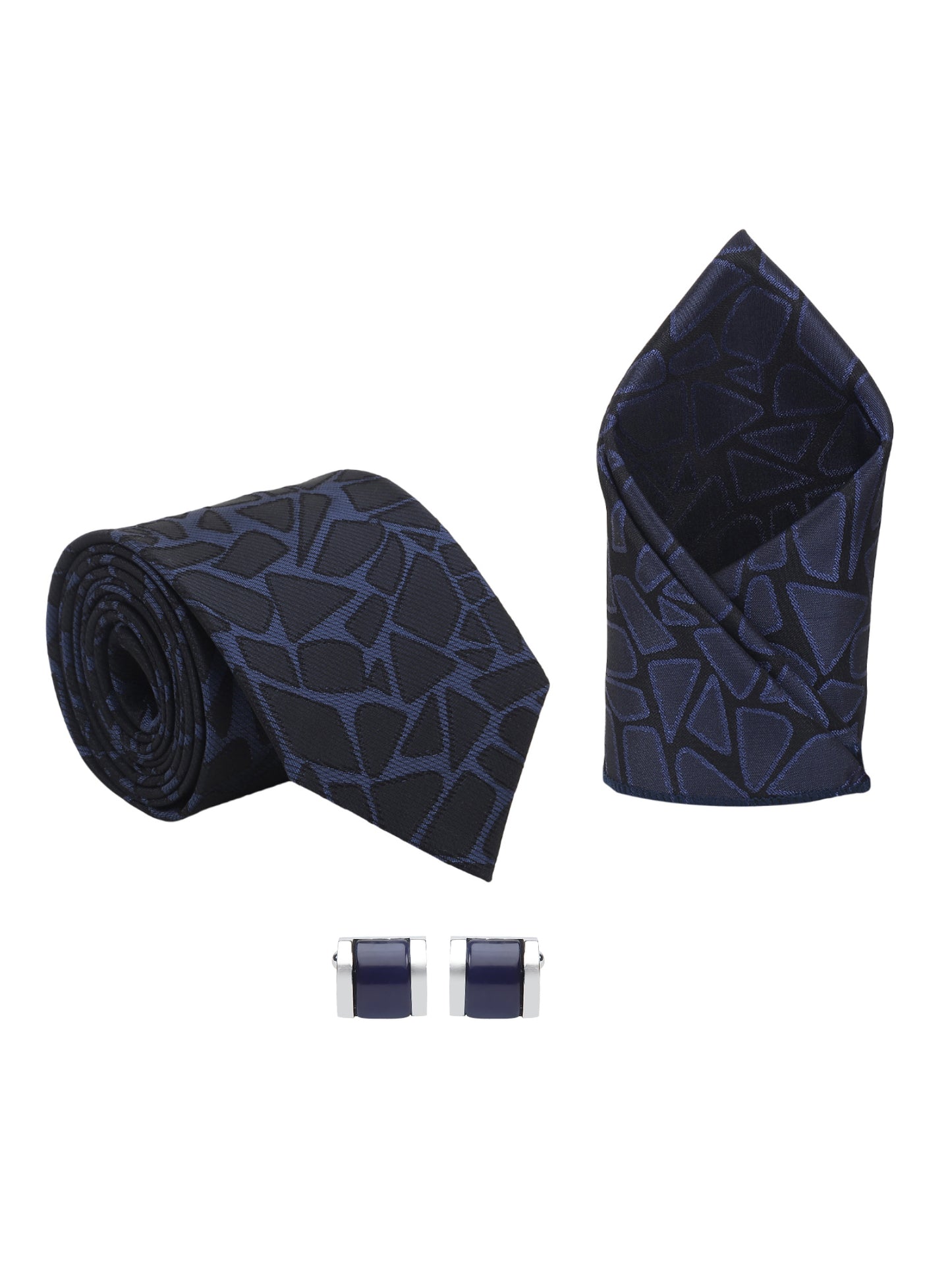 Kanthlangot Men’s 3-Piece Formal Set – Navy Abstract Pattern Tie, Pocket Square & Deep Navy Enamel Cufflinks (3-Inch Necktie)