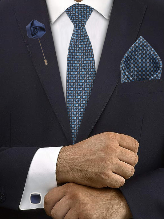 Kanthlangot Blue Checkered Necktie Gift Set with Pocket Square, Cufflinks & Lapel Pin