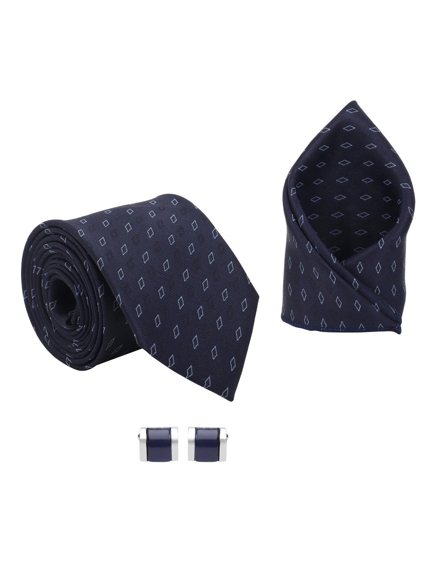 Kanthlangot Men’s 3-Piece Formal Set – Navy Micro-Diamond Tie, Pocket Square & Midnight Blue Barrel Cufflinks (3-Inch Necktie)