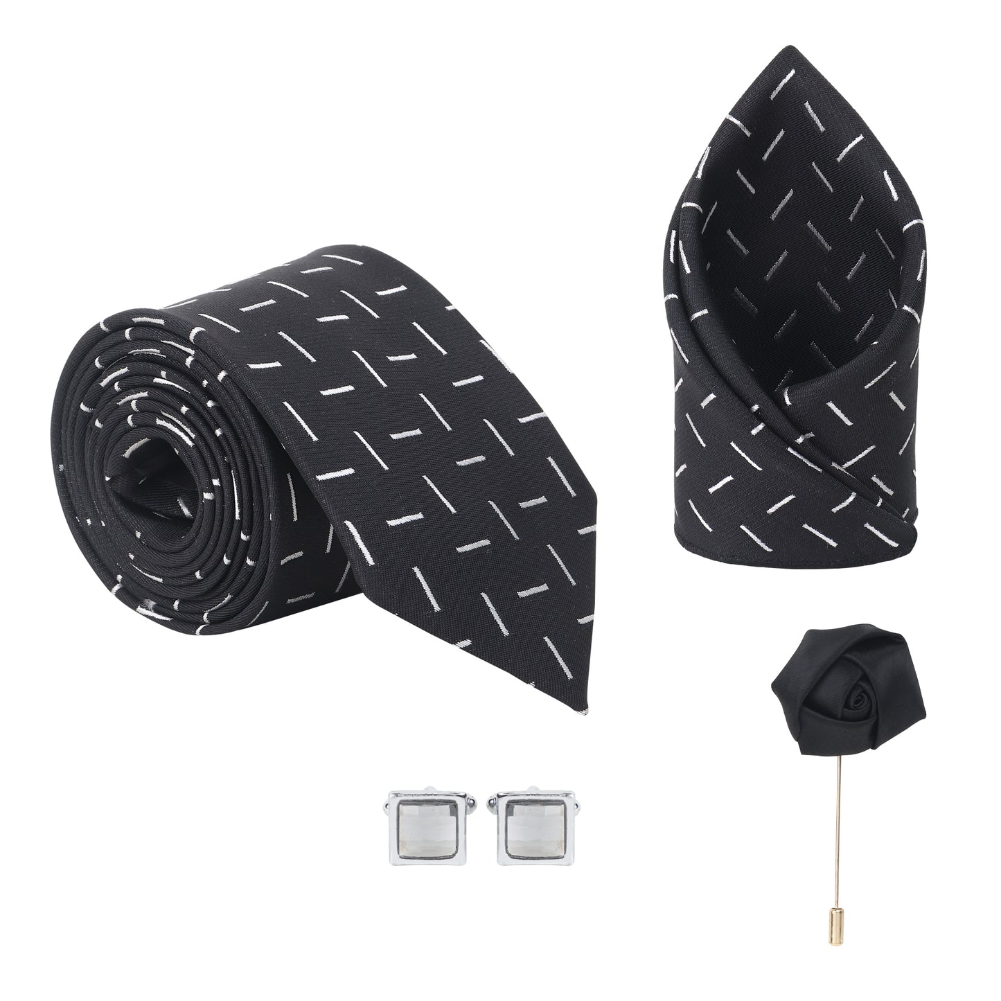 Kanthlangot Bold Black Tie Set with Pocket Square, Cufflinks & Black Lapel Pin – 4-in-1 Men’s Gift Box