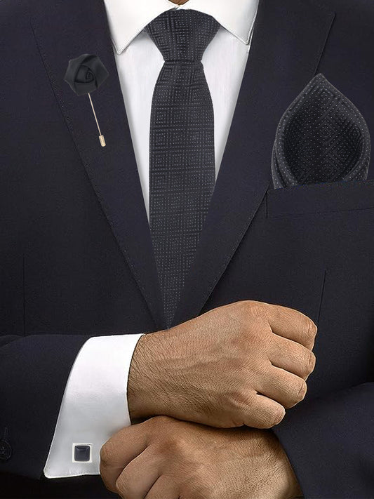Kanthlangot Black Geometric Tie Set with Pocket Square, Cufflinks & Lapel Pin – Set of 4