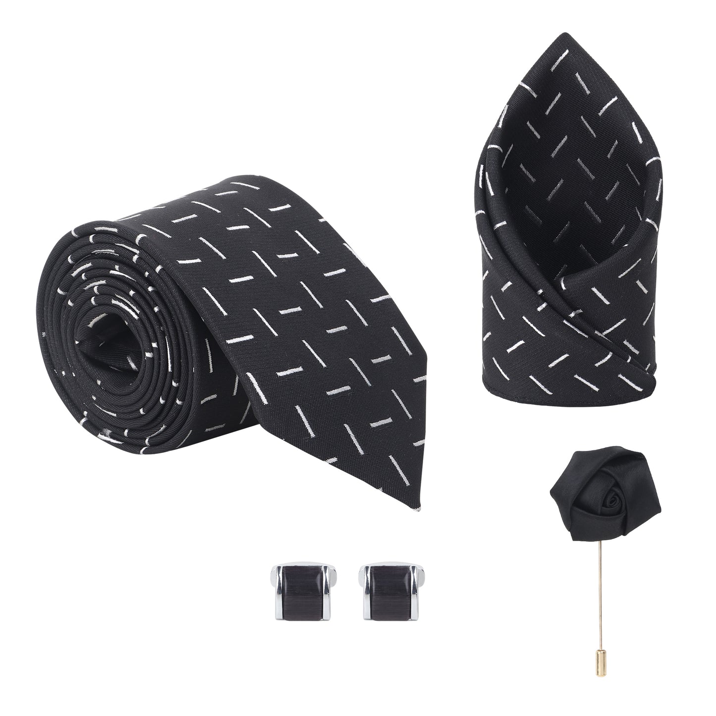 Kanthlangot Black Dash Pattern Tie with Pocket Square, Cufflinks & Lapel Pin – 4-Piece Gift Set