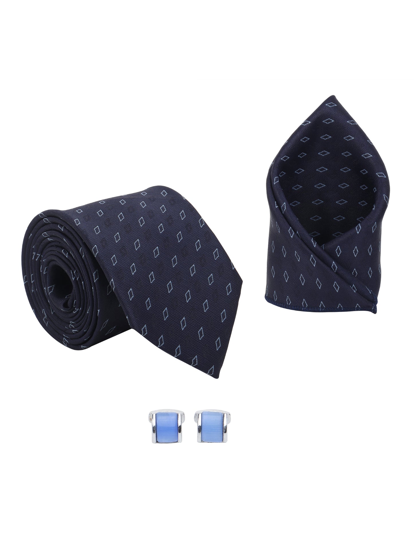 Kanthlangot Men’s 3-Piece Formal Set – Navy Micro-Diamond Tie, Pocket Square & Sky Blue Barrel Cufflinks (3-Inch Necktie)