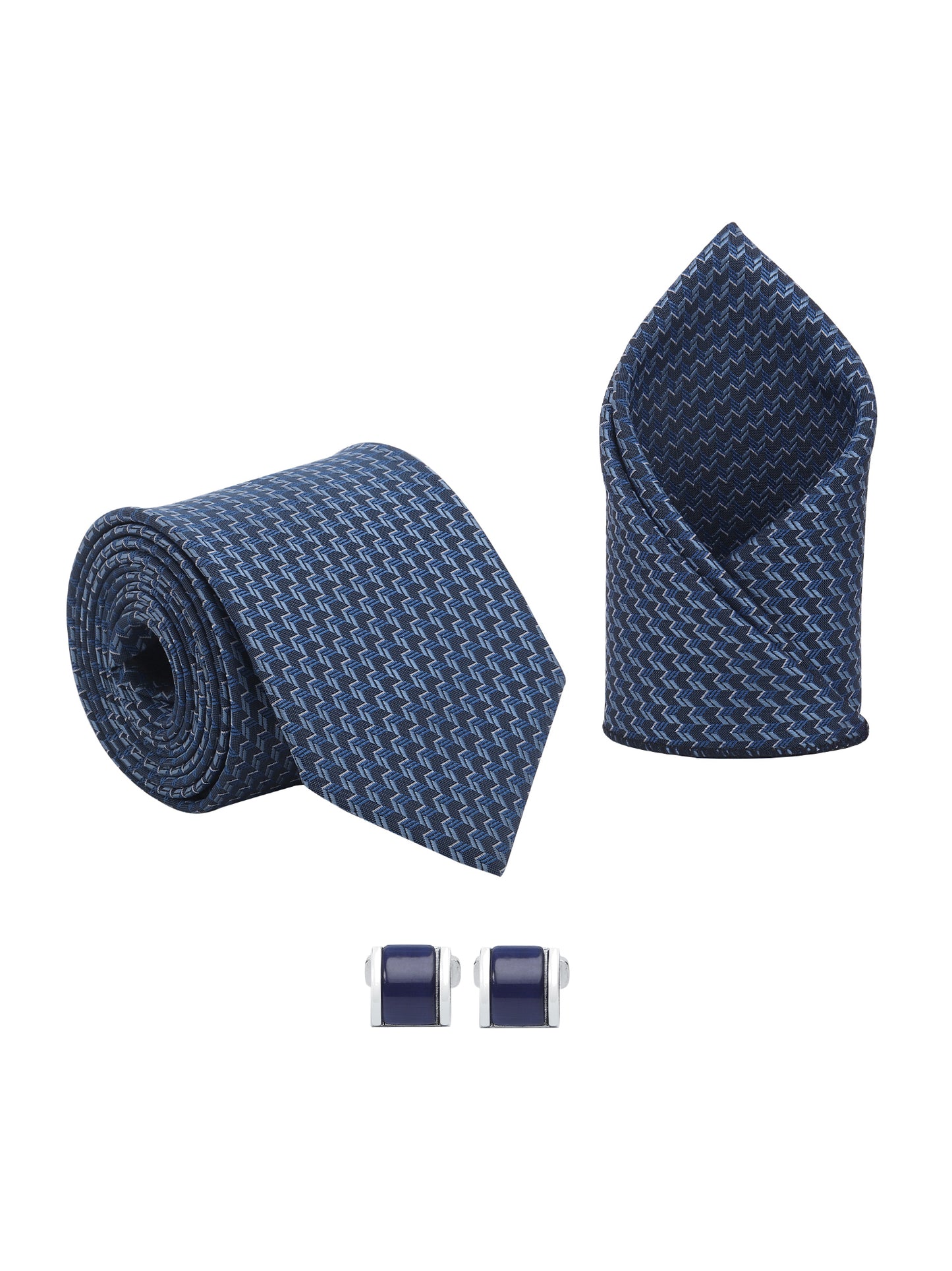 Kanthlangot Men’s 3-Piece Royal Blue Zigzag Tie Set with Pocket Square & Glossy Navy Barrel Cufflinks (3-Inch Necktie)