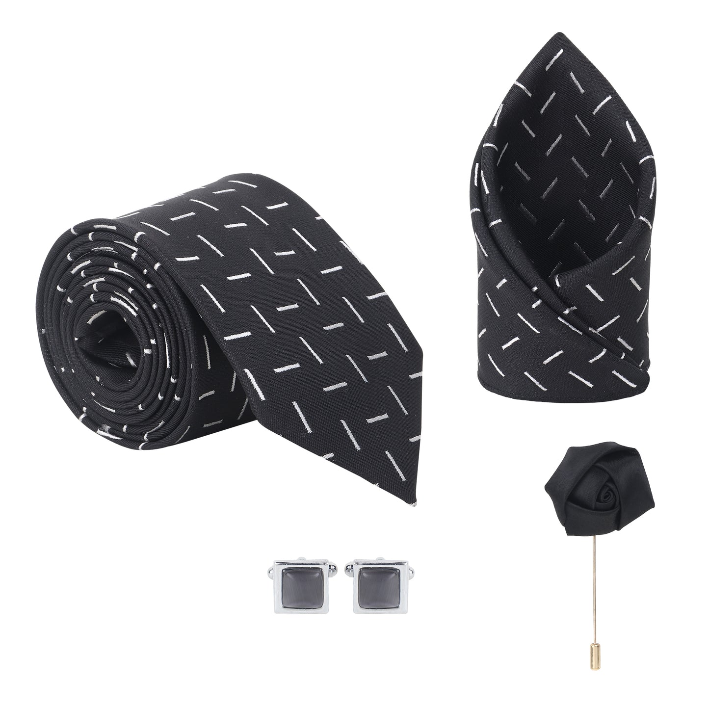 Kanthlangot Black Stripe Necktie with Pocket Square, Cufflinks & Lapel Pin – 4-in-1 Gift Set