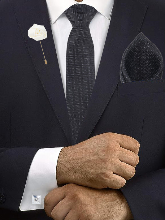 Kanthlangot Black Diamond Dot Tie Set with Pocket Square, Cufflinks & Lapel Pin – Set of 4
