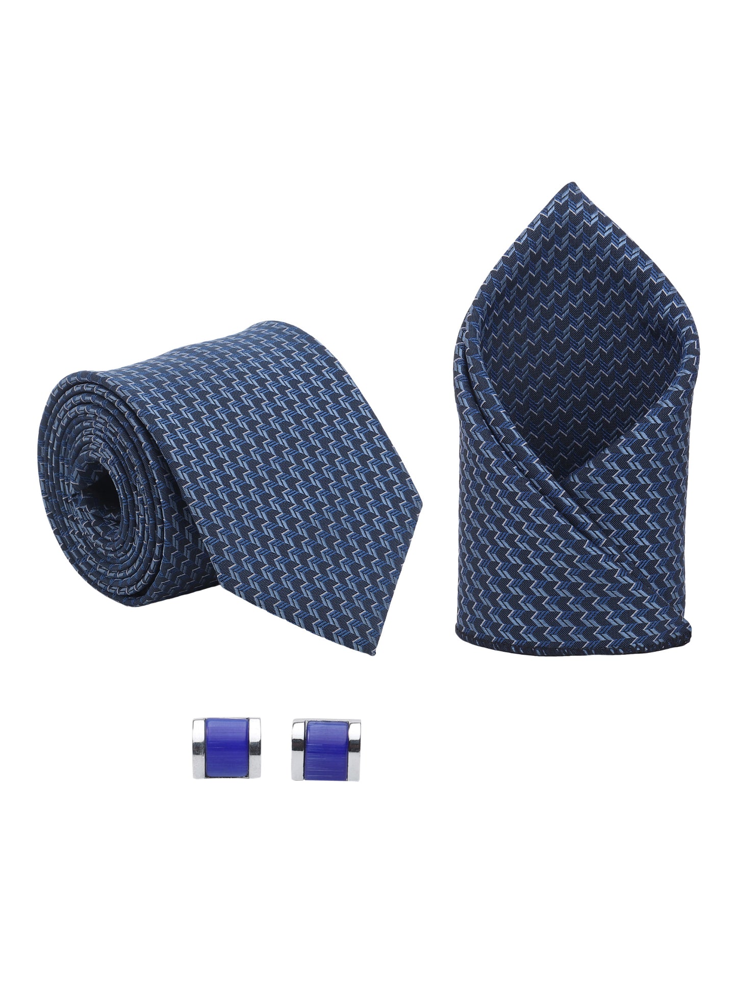 Kanthlangot Men’s 3-Piece Navy Zigzag Tie Set with Pocket Square & Royal Blue Cufflinks (3-Inch Necktie)