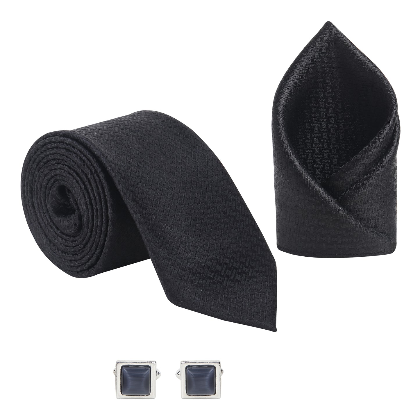 Kanthlangot Men’s 3-Piece Formal Set – Black Geometric Tie, Pocket Square & Grey Cat’s Eye Cufflinks (3-Inch Necktie)
