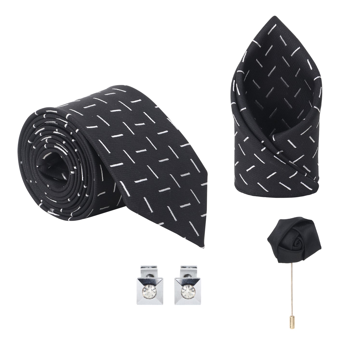 Kanthlangot Black Linear Stripe Tie with Pocket Square, Cufflinks & Lapel Pin – 4-Piece Gift Box Set