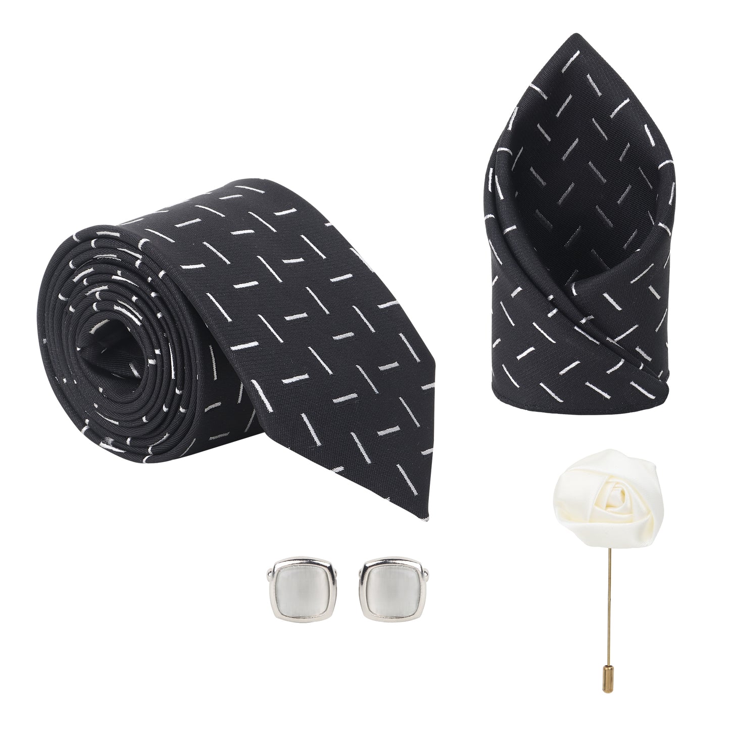Kanthlangot Minimal Dash Black Tie Set with Pocket Square, Cufflinks & Lapel Pin – Set of 4