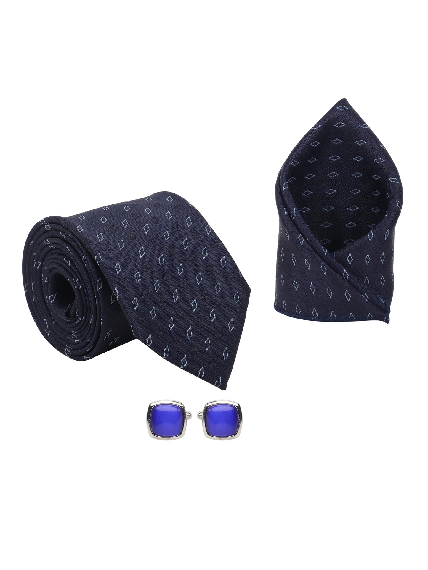 Kanthlangot Men’s 3-Piece Navy Diamond Tie Set with Pocket Square & Cobalt Blue Cufflinks (3-Inch Necktie)