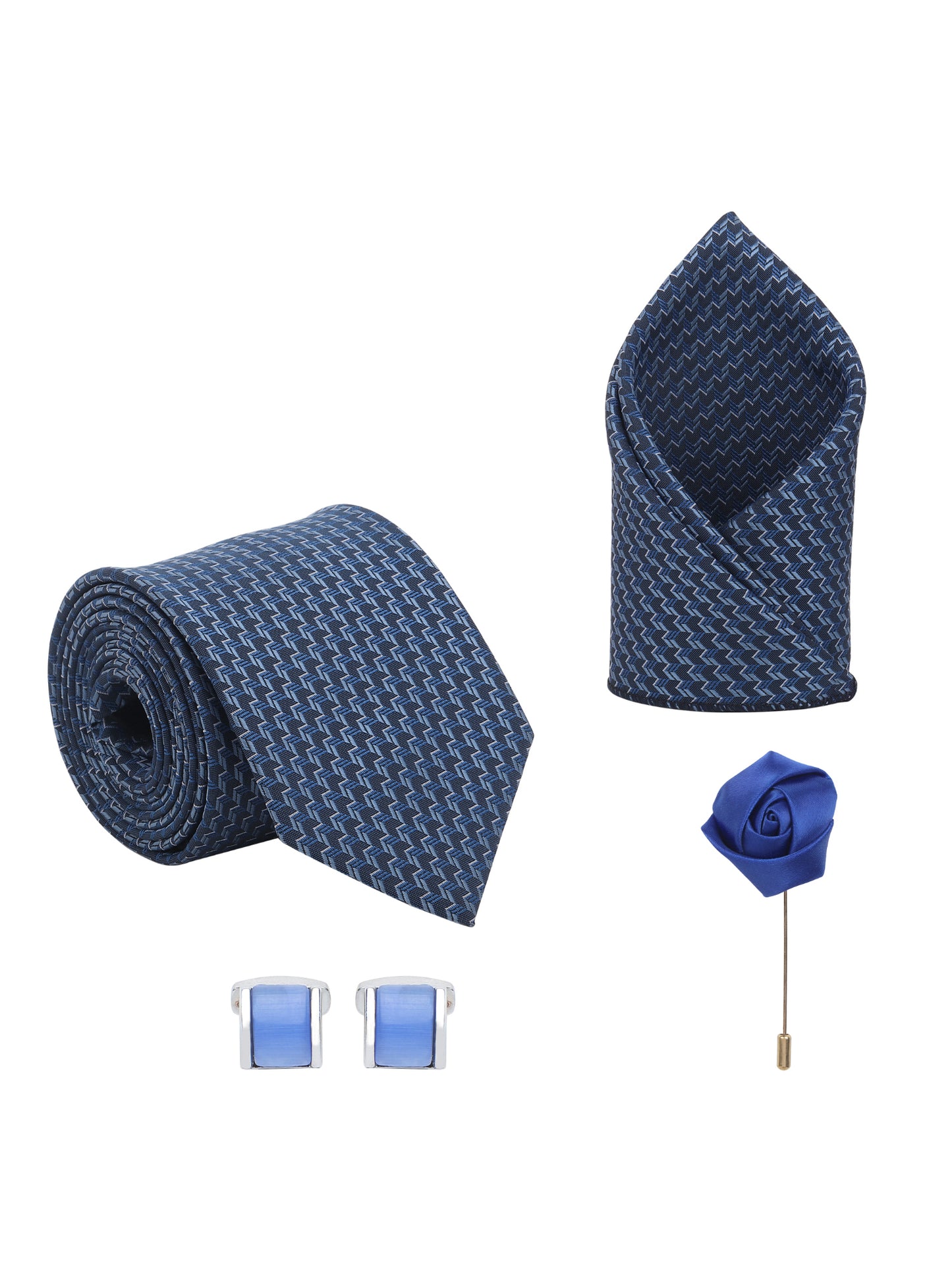 Kanthlangot Blue Zigzag Necktie Gift Set with Pocket Square, Light Blue Cufflinks & Lapel Pin