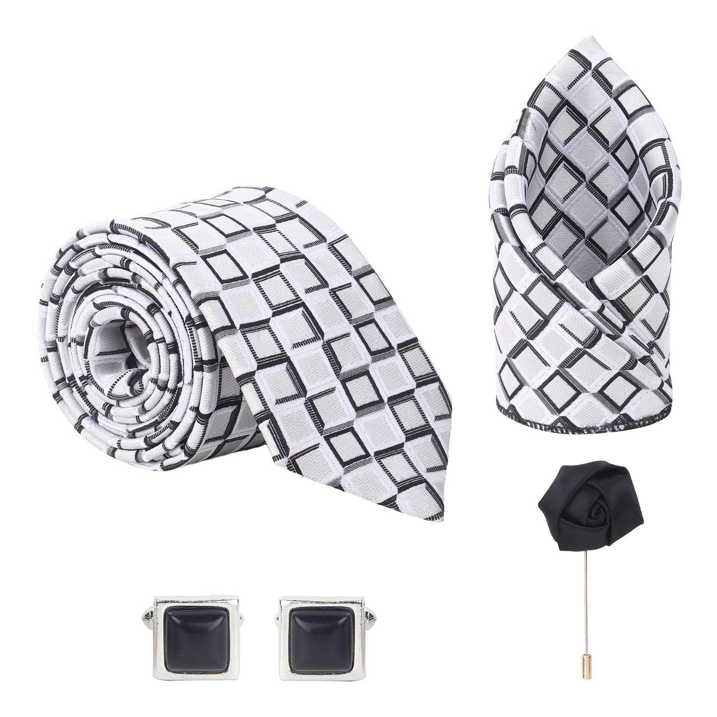 Kanthlangot White Tie Set with Black Framed Square Cufflinks & Lapel Pin