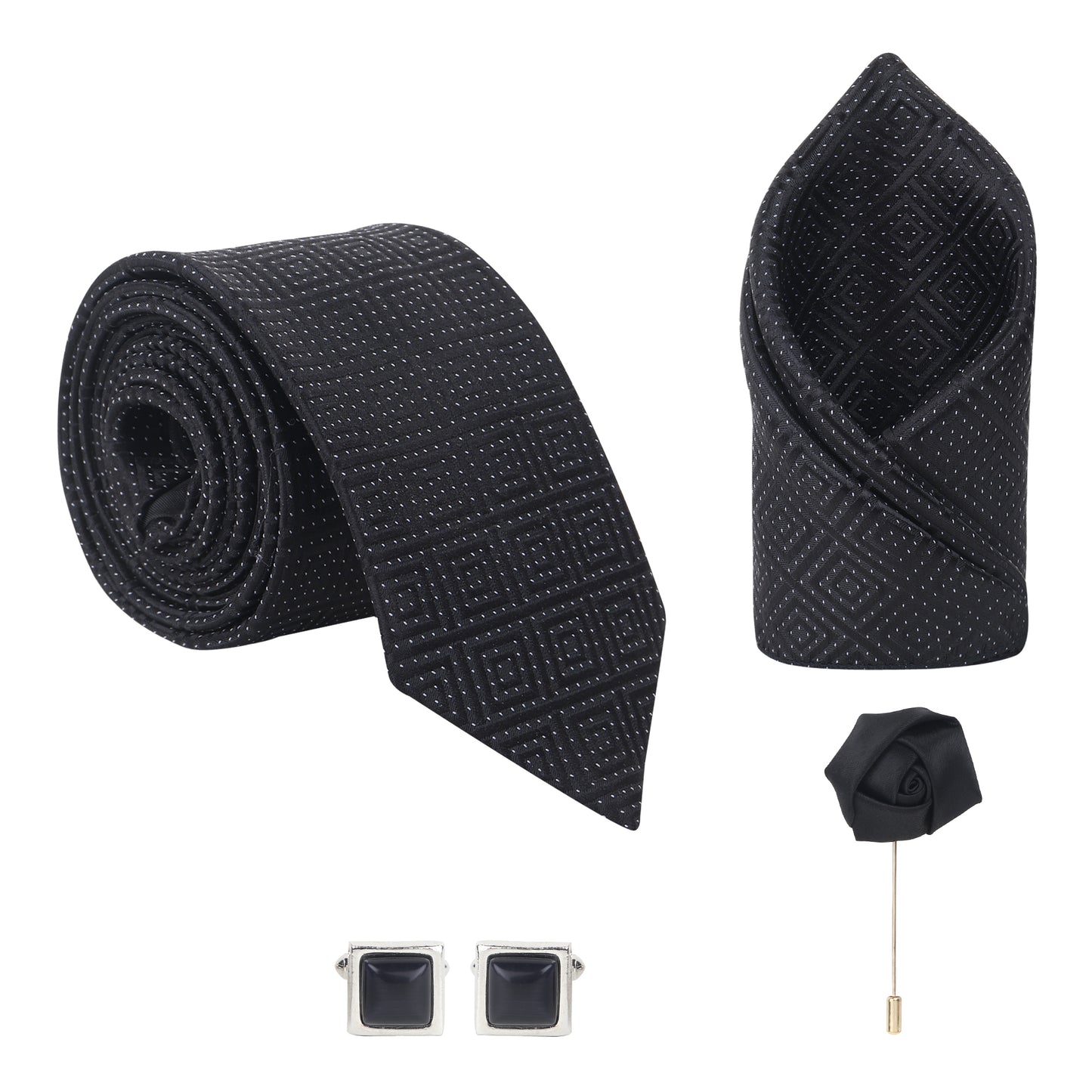 Kanthlangot Black Geometric Tie Set with Pocket Square, Cufflinks & Lapel Pin – Set of 4